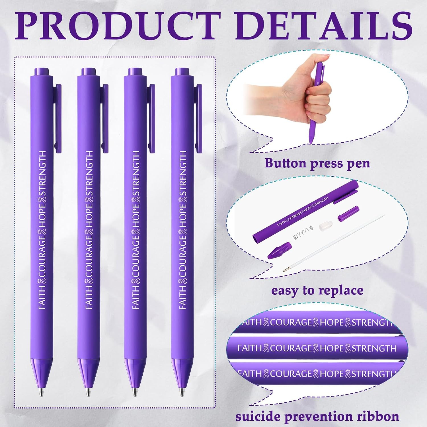 Ireer 100 Pcs Purple Ribbon Pens Bulk Lupus Awareness Accessories Black Ink Retractable Ribbon Ballpoint Pens for Women Men Mental Health Care Activities Supplies