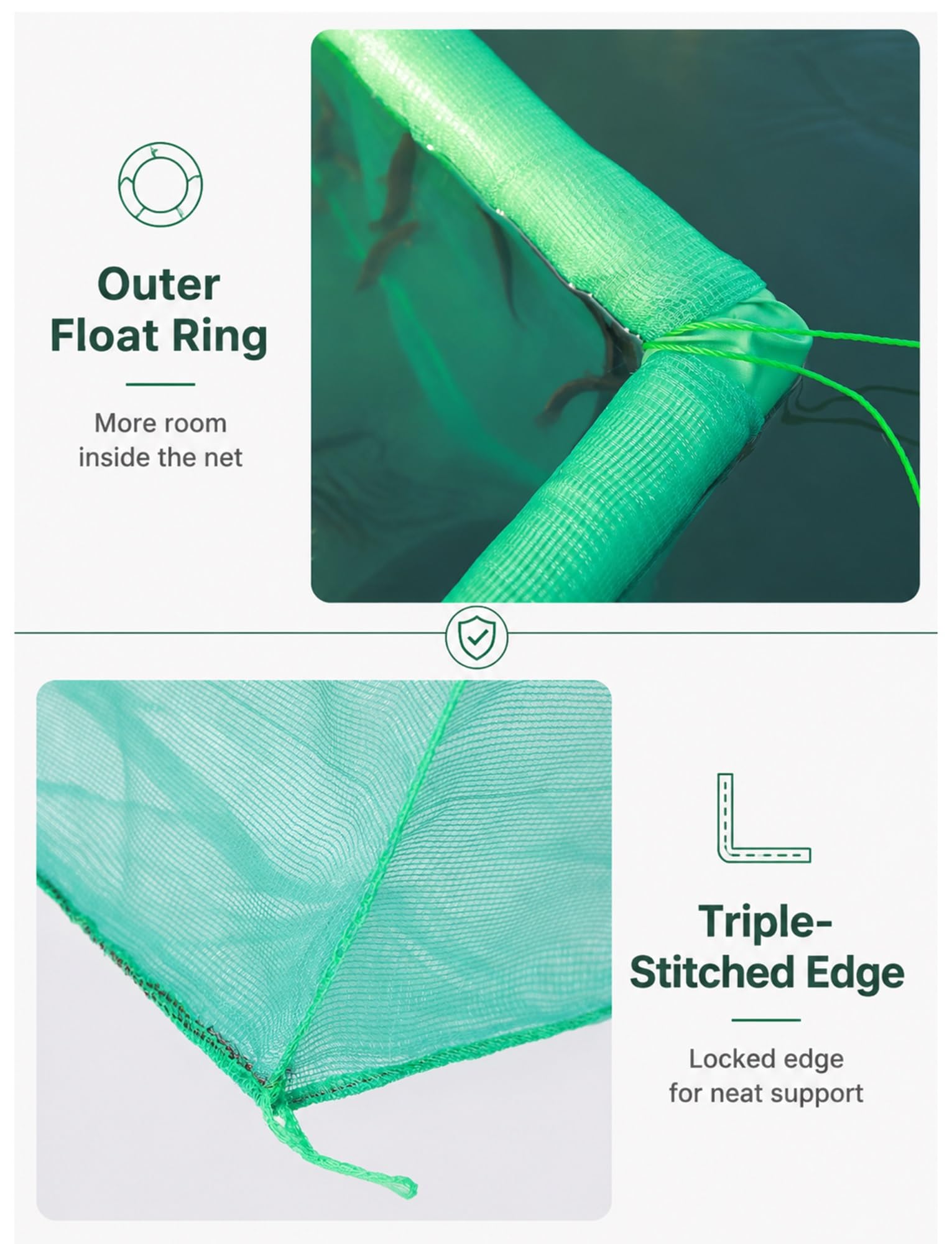 Red Flotante Cubierta para Peces Vivos con Tubo Flotador de 50 mm | Malla verde de 3 mm; marco flotante; cremallera bidireccional; uso en estanques y lagos