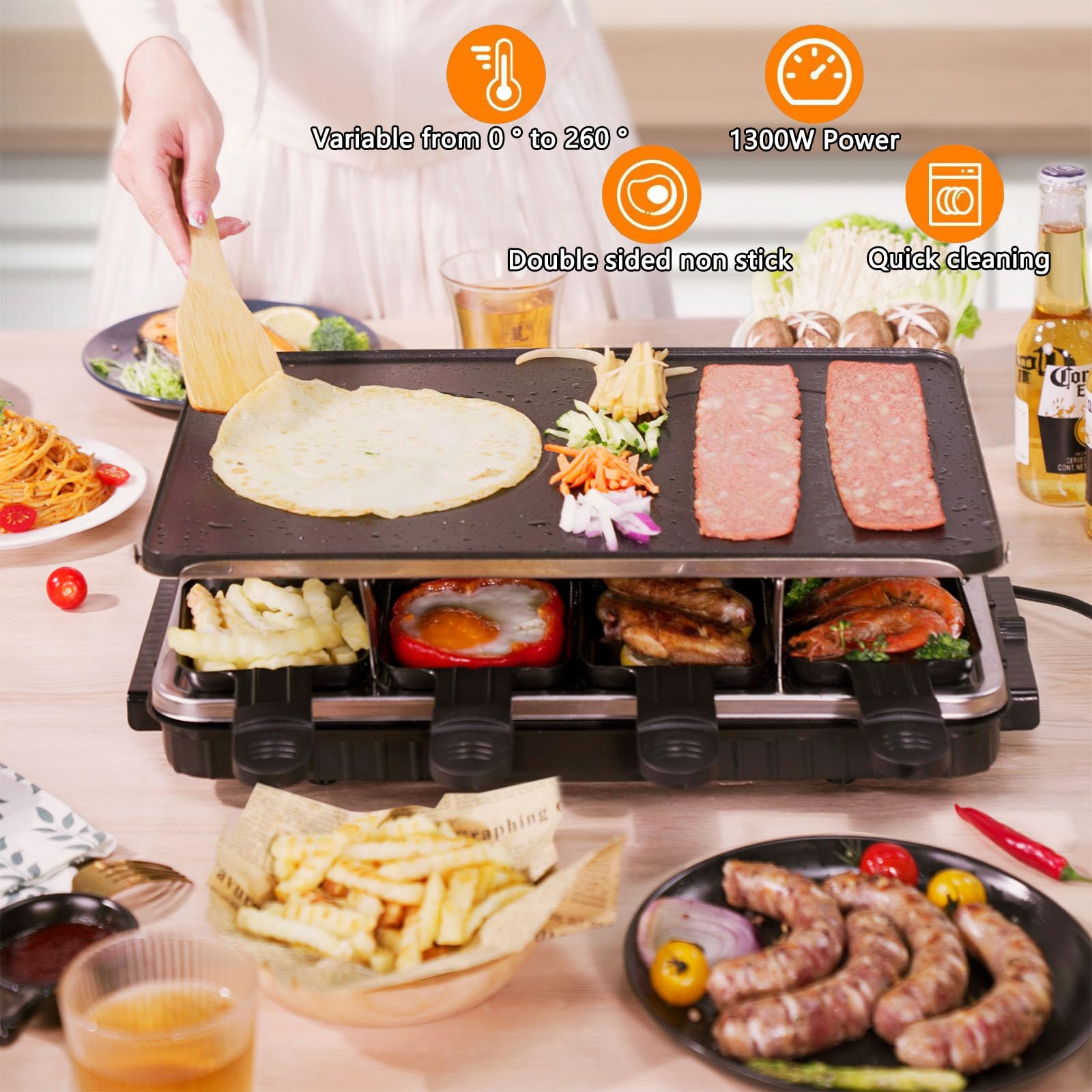 Parrilla de barbacoa coreana 2 en 1, parrilla eléctrica antiadherente Raclette con 8 sartenes de raclette, temperatura ajustable de 1300 W, reversible, sin humo para fiestas familiares en interiores 7