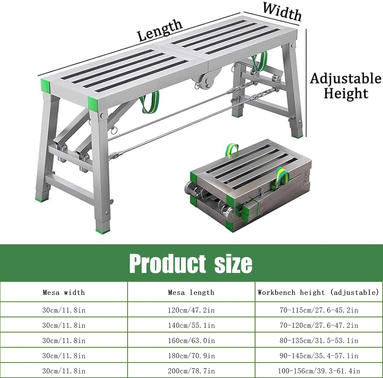 Diagram showing product dimensions including length, width, and adjustable height, with a table of various sizes.