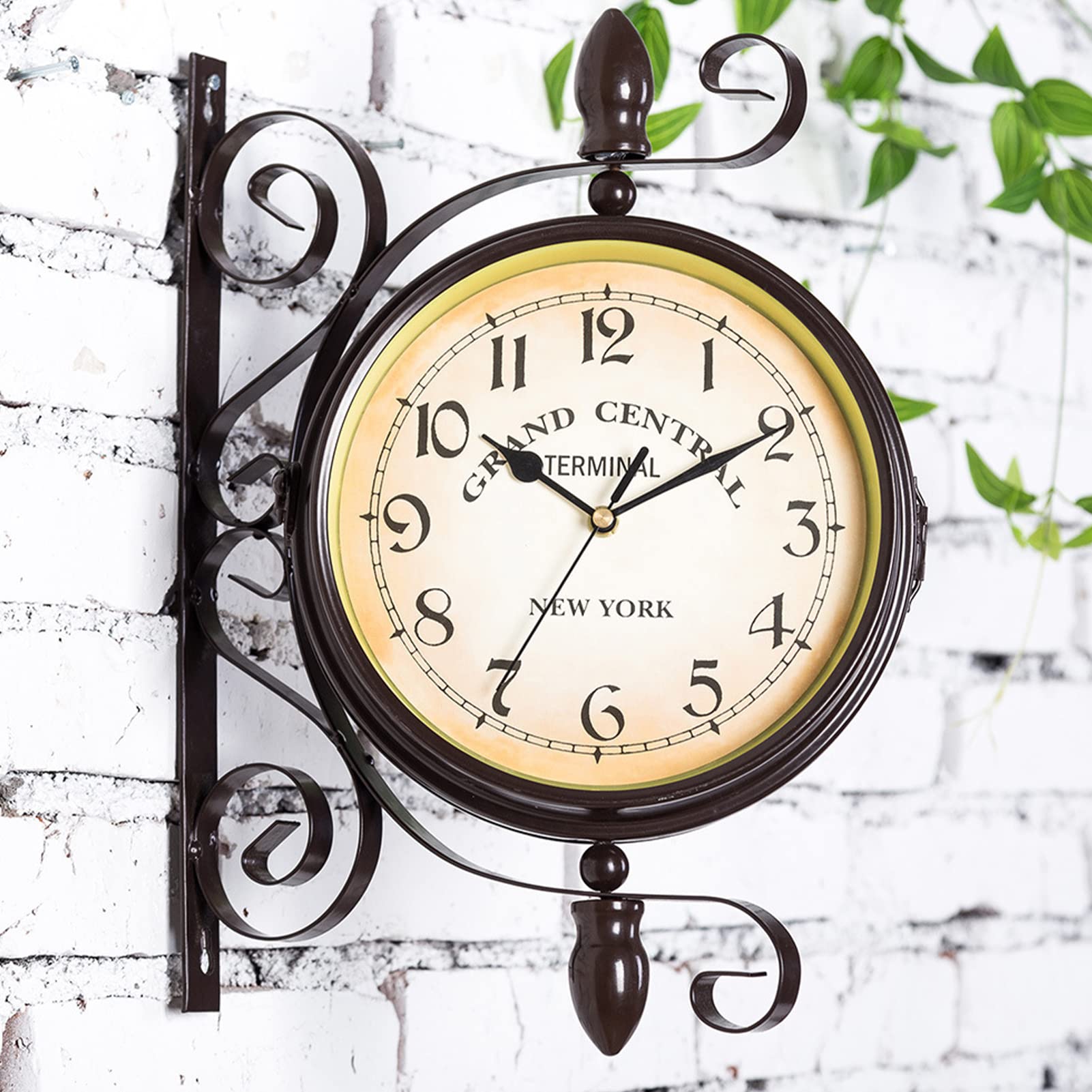 Reloj de pared doble de estilo antiguo, reloj de pared de hierro con números arábigos, reloj de jardín vintage para estación, pasillo o jardín