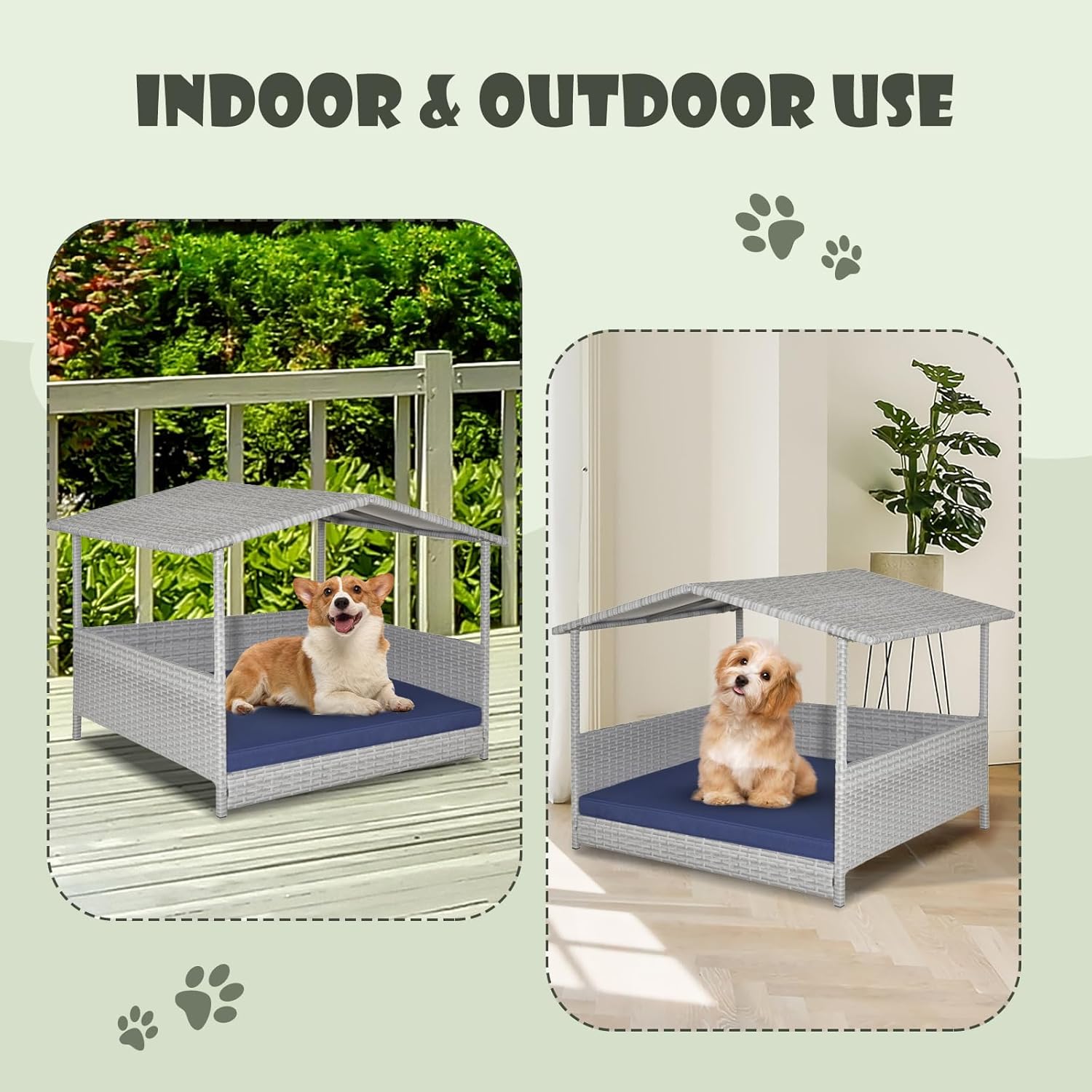 Giantex Wicker Dog House, Raised Rattan Dog Bed with Waterproof Roof, Washable Cushion Cover, Steel Frame, Indoor Outdoor Elevated Dog Bed Pet House for Small Medium Dogs Cats, Easy Assembly