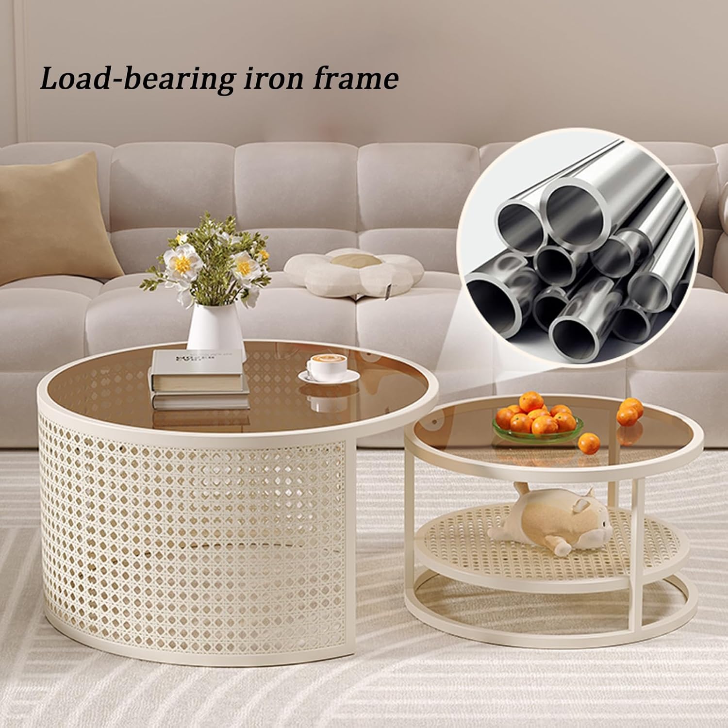 超人気！大理石調 波紋 円型 テーブル 2個セット【ホワイト＋