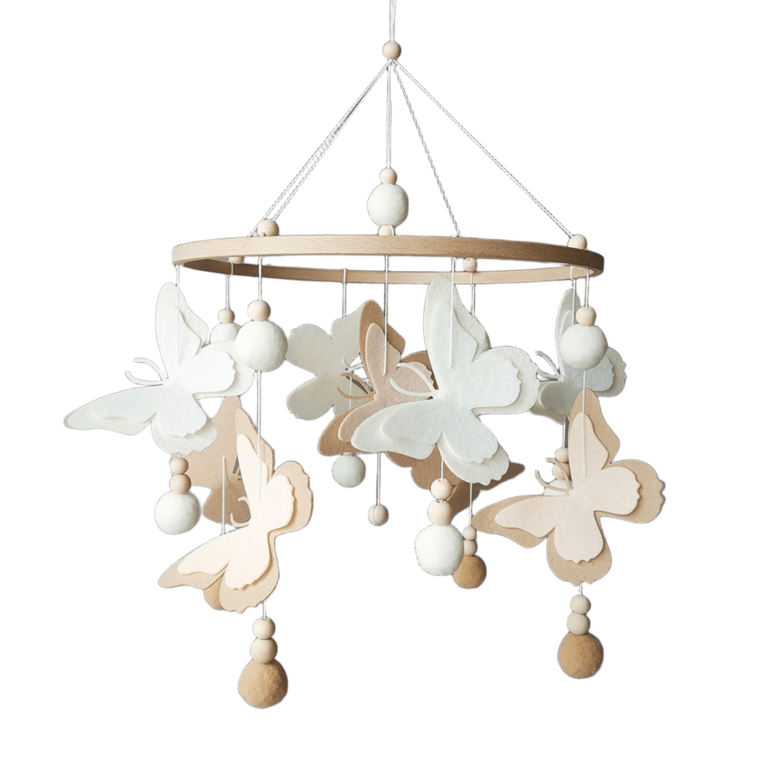 Baby Mobile con farfalle in feltro e pompon – Mobile in legno fatto a mano in tonalità neutre beige e marrone – perfetto per culla o decorazione della cameretta dei bambini