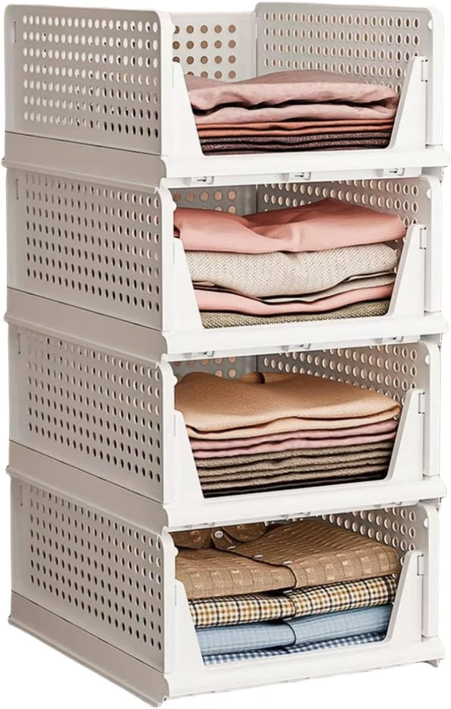 Multi-Functional Stackable Plastic Storage Baskets - 4 Pack Foldable Closet Organizers for Wardrobe, Kitchen, Bathroom, Office, Dorm - Easy Assembly