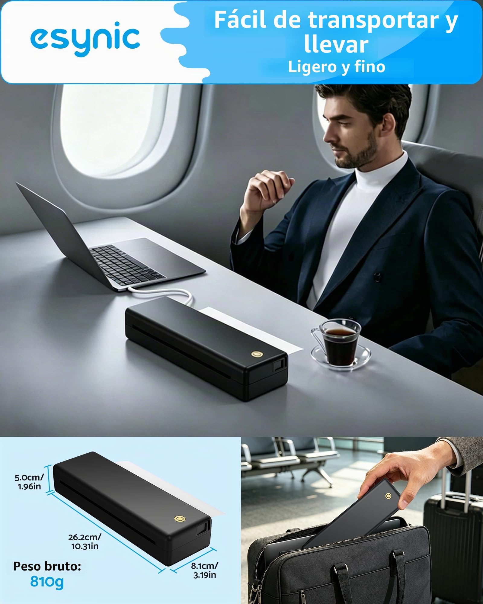 eSynic Impresora Portátil A4 sin Tinta Impresora Térmica Bluetooth Mini Impresora Móvil Impresora Compacta Impresora Inalámbrica Multitamaño para Oficina Estudio con Batería 2600mAh - Negro