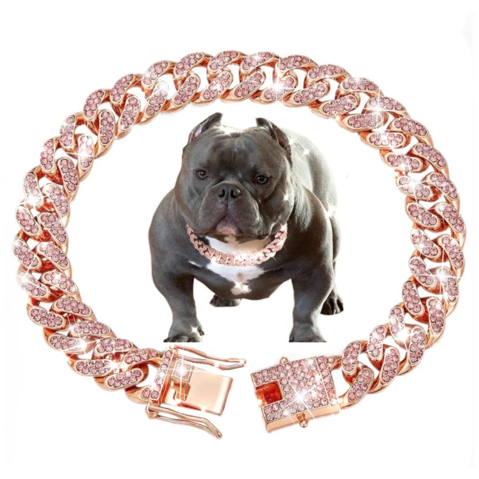 Cuban Link Dog Collar Rose Gold Crystal Studded Luxury Metal Chain Collar with Secure Buckle, Adjustable Jewelry Pet Necklace for Small, Medium, Large Dogs Cats (Rose Gold, 8 Inch)