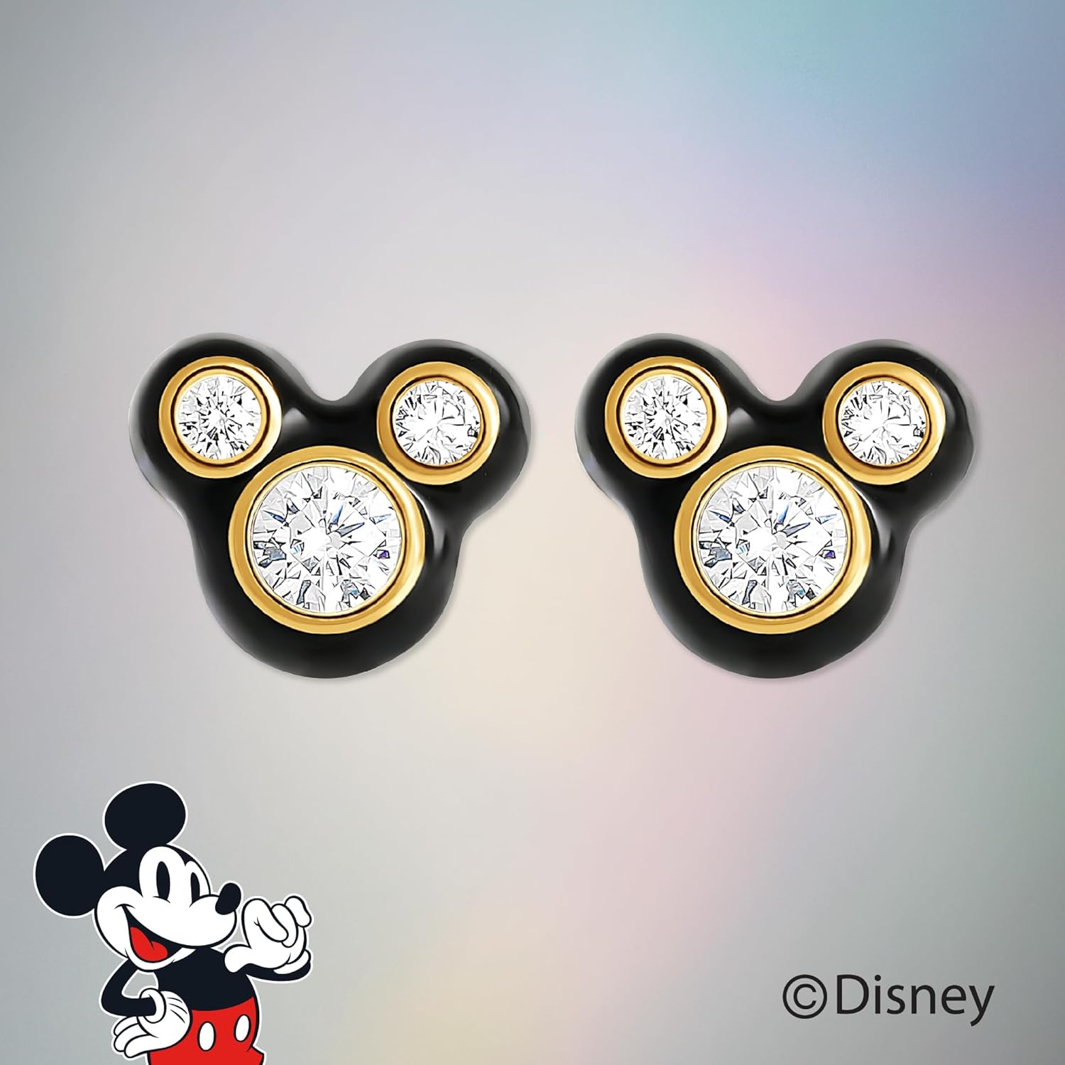 Disney Minnie and Mickey Mouse Cubic Zirconia and Enamel Stud Earrings Official License, Flash-Plated
