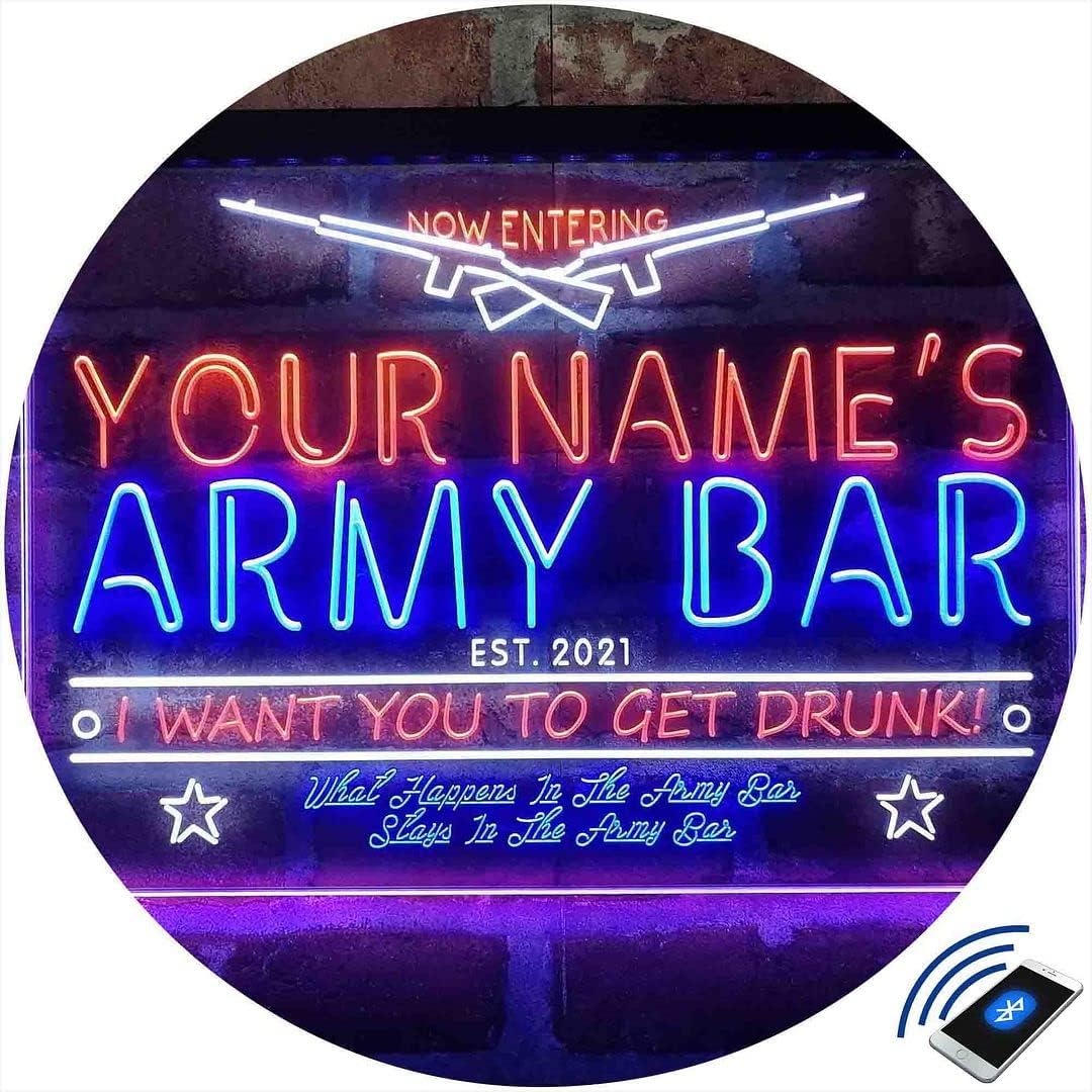 Personalized Army Bar Tri-Color LED Neon Light Sign Customize Name Date Text Quote Font White & Blue & Orange 17.7 x 13.6 Inches st9s43-tq1-tm-wbo