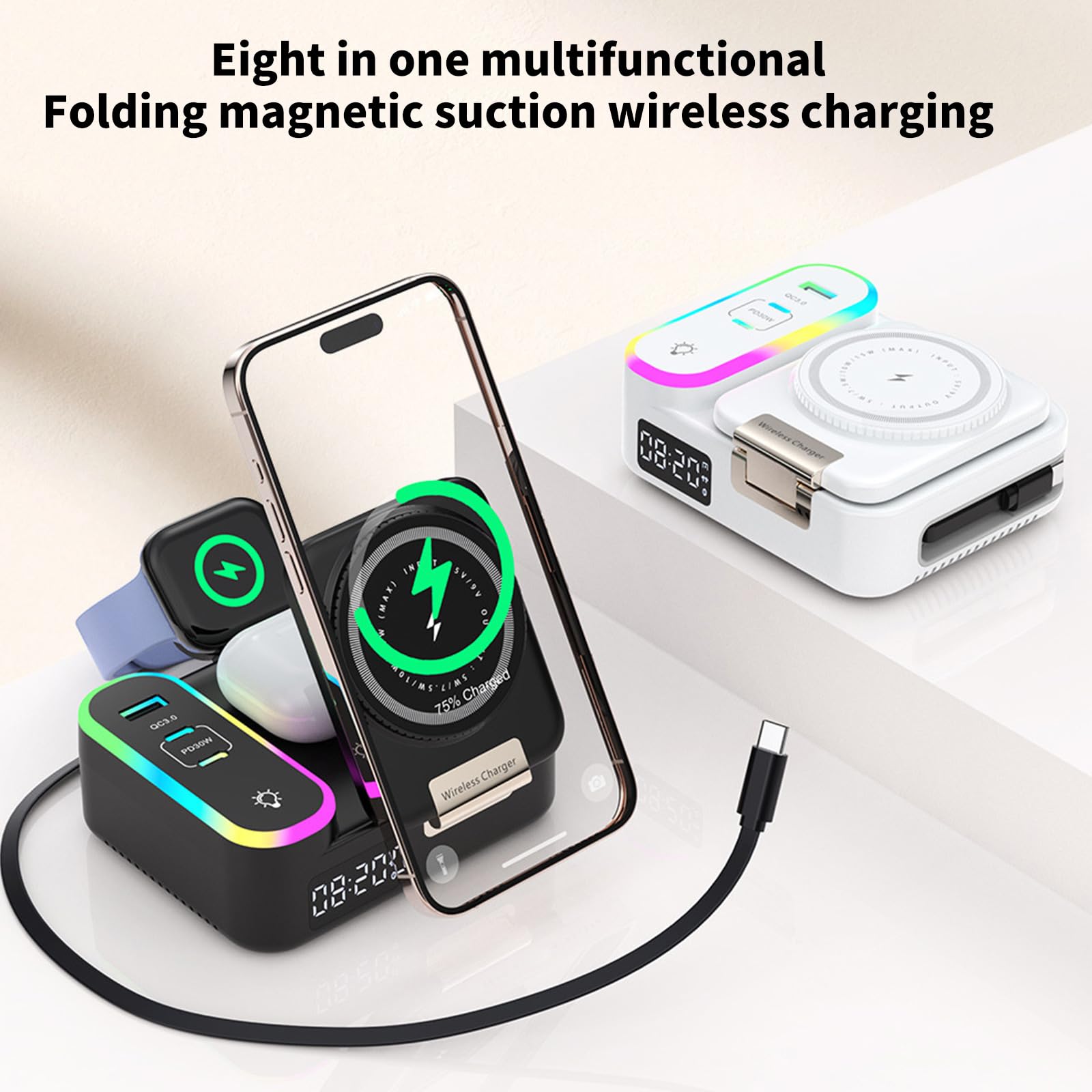Caricabatterie magnetici con Cavo Retrattile 3 in 1 15W per Smartphone e smartwatch Caricabatterie con Cavo Retrattile
