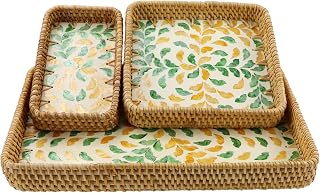 Rectangle Rattan Serving Tray with Mother of Pearl Inlay, Handwoven Wicker Tray for Frui Bread Breakfast Coffee Table Party Picnic Cafe Bedroom Kitchen Home Decor Set of 3 (Wicker Yellow Green)