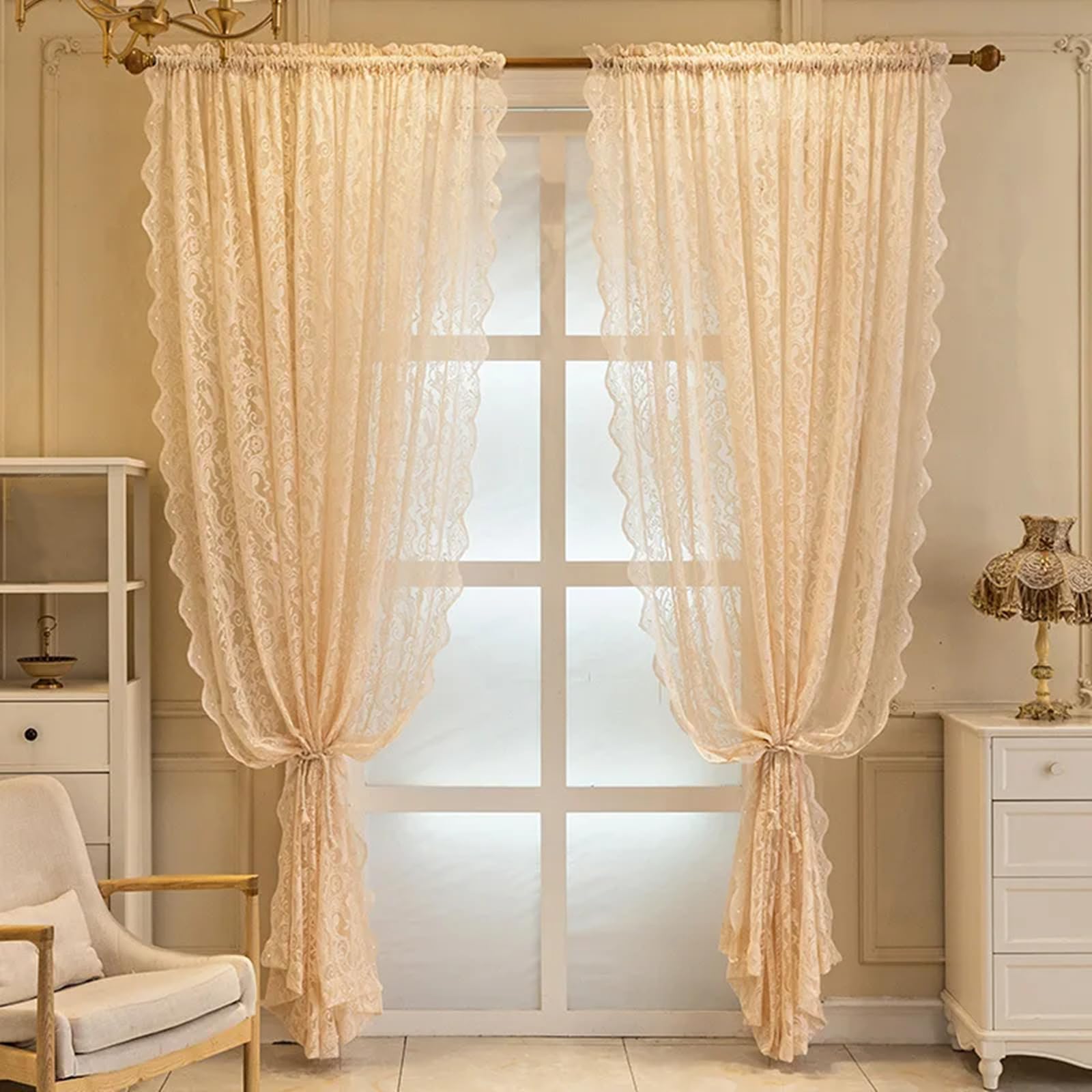 Cortinas de gasa decorativas beige, el visillo de encaje ideal para sala de estar