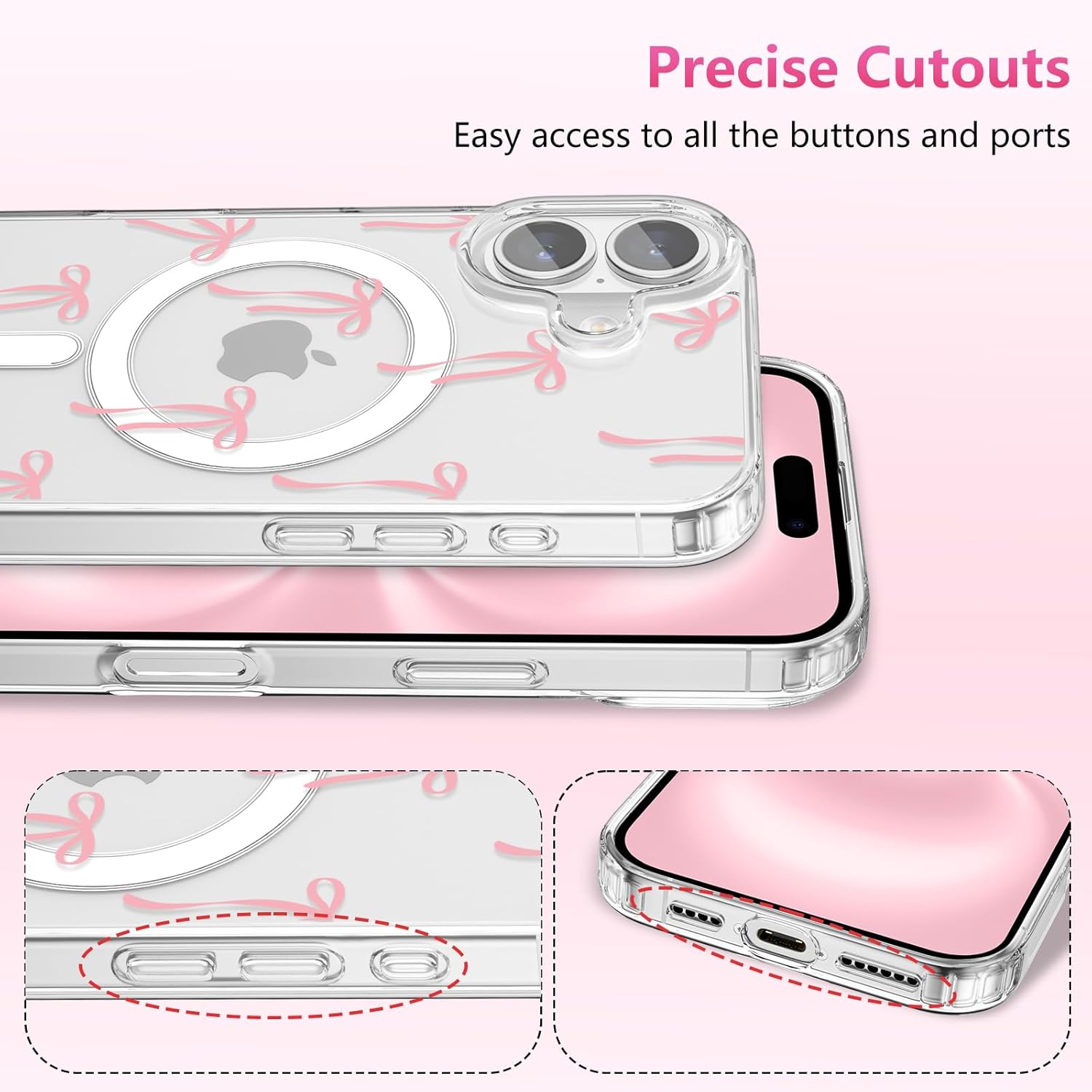 ZTOFERA for iPhone 16 Plus Magnetic Case Clear,Cute Love Heart Ribbon Bow Tie Aesthetic Phone Case,Transparent Trendy Slim Soft Shockproof Protective Phone Cover for Women Girls,Pastel Pink - Image 3