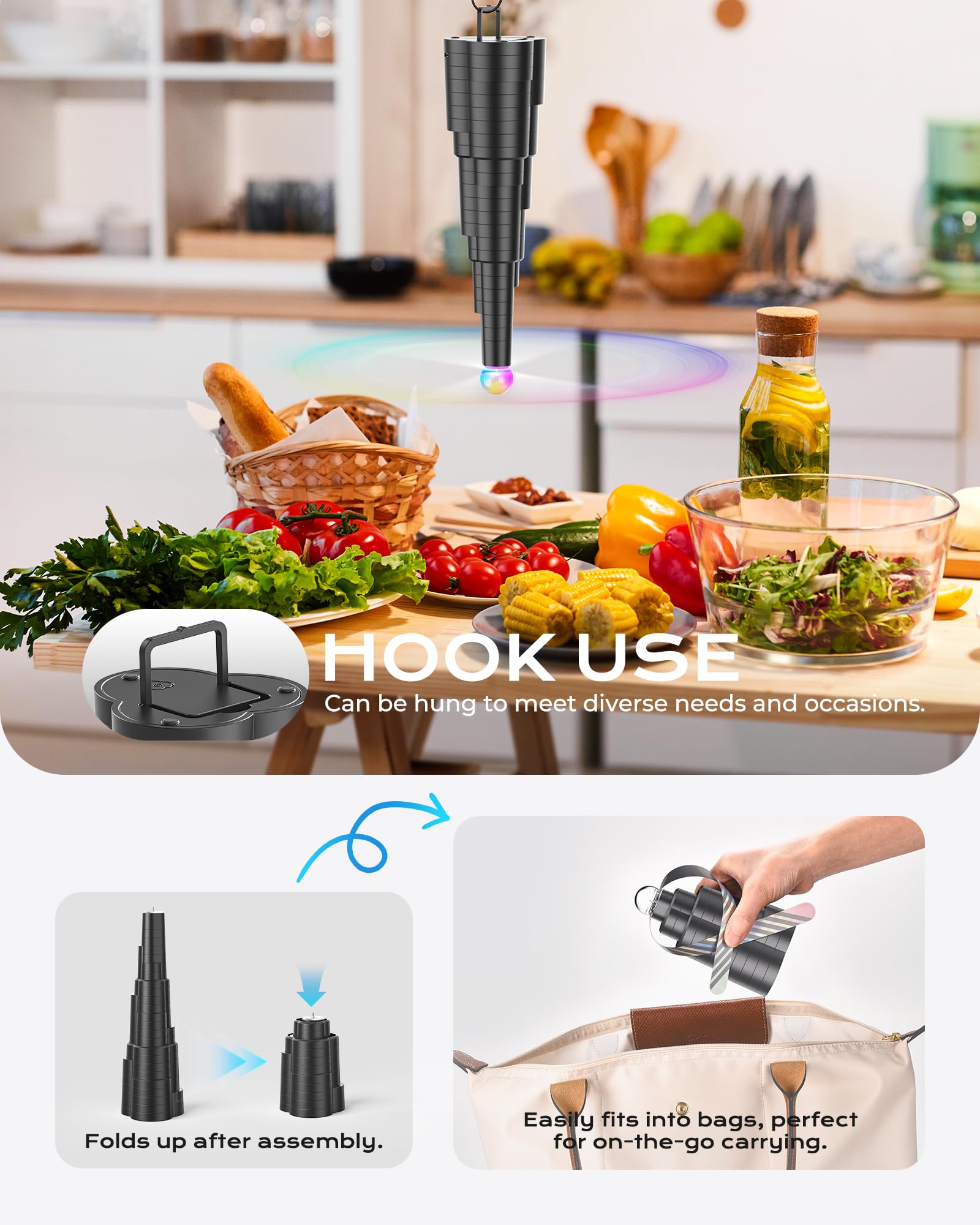 Ventiladores de mosca para mesas, ventiladores de alimentos recargables por USB, spinner de mesa con cuchillas holográficas suaves para picnic, restaurante, fiesta, hogar, barbacoa (paquete de 4)