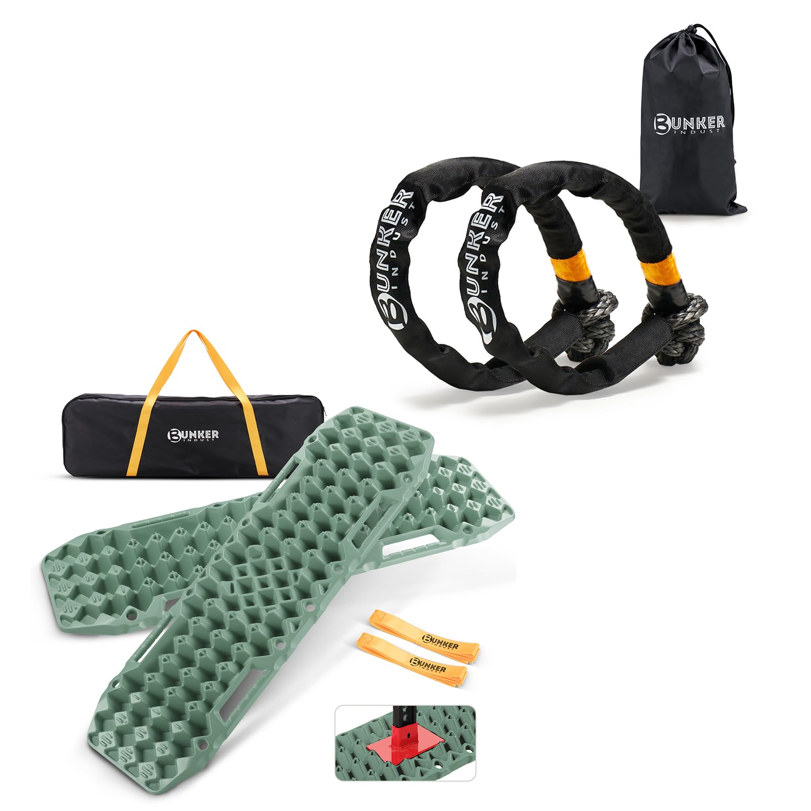 BUNKER INDUST Off-Road Traction Boards with Jack Base (Green) + 2Pcs Synthetic Soft Shackle Rope