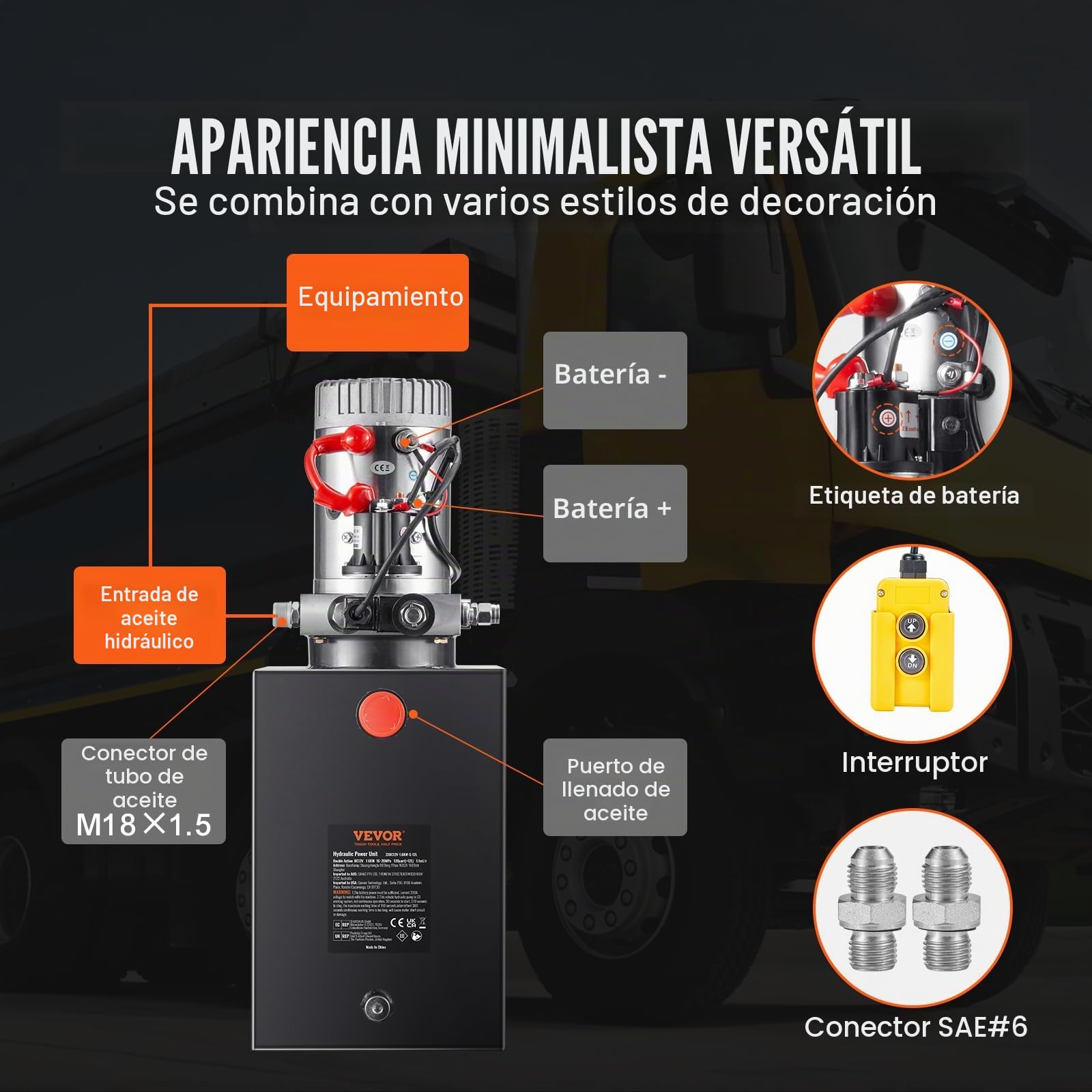VEVOR Bomba Hidráulica DC 12 V 11 L Unidad Hidráulica de Acción Única Flujo de Aceite 3,44 L/min Presión Máxima de Descarga 22 MPa para Volquete, Plataforma Elevadora, Remolque, Elevación y Descarga
