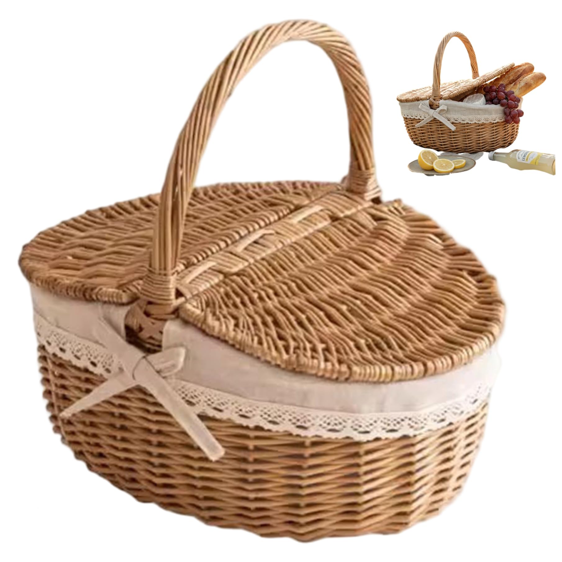 Wicker Picnic Basket Vintage Style Woven Picnic Baskets with Lid and Handles for Picnics Camping Shopping and Home Storage Medium Wicker Basket, Baskets, with Handles