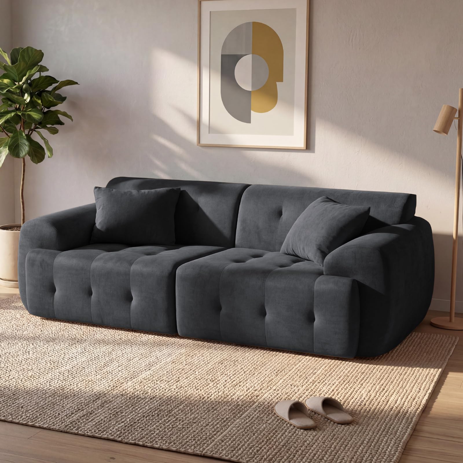 COMHOMA Sofa 2 Sitzer, 180 x 86 x 40 cm Bodensofa, Couch mit Rückenlehne, Kissen und Armlehne, Modernes Stoffsofa für Wohnzimmer, Wohnung, Büro, Keine Montage, Dunkelgrau