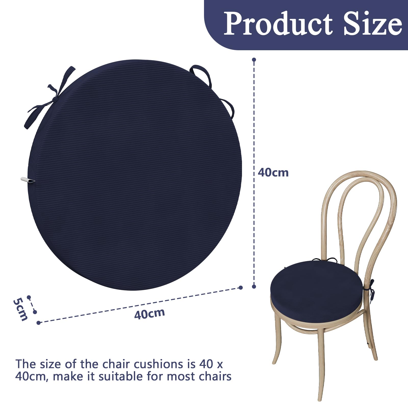 Lot de 2 coussins de chaise ronds pour chaises de salle à manger, 5 cm d'épaisseur avec attaches pour cuisine, jardin, bar - Antidérapant - Pour intérieur et extérieur - 40 x 40 cm - Bleu