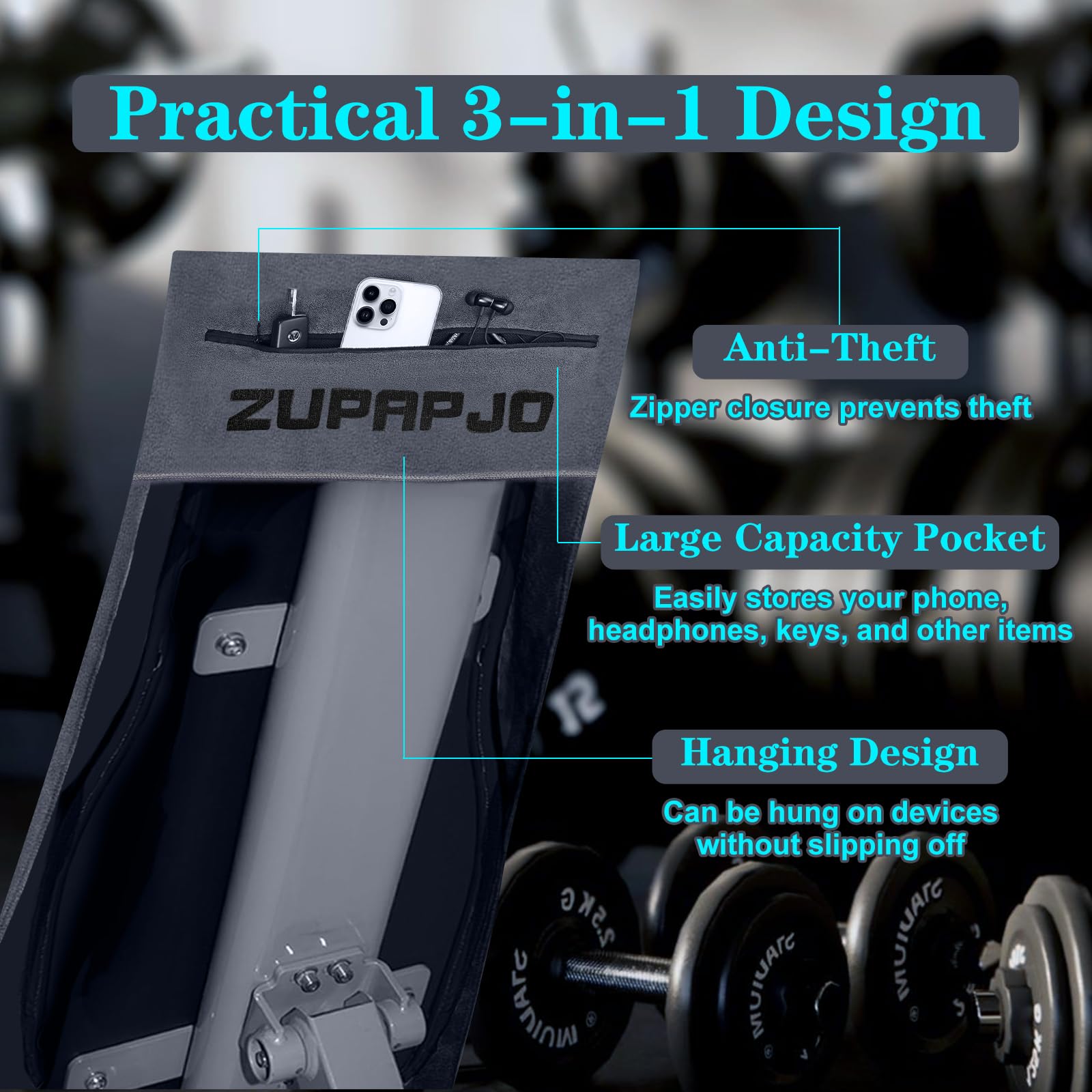 Serviette Sport 120 x 50 cm, Serviette de Sport avec Poche Zippée et Capuche, Microfibre, pour Salle, Yoga, Fitness, Extérieur et Entraînement, Grise - 5