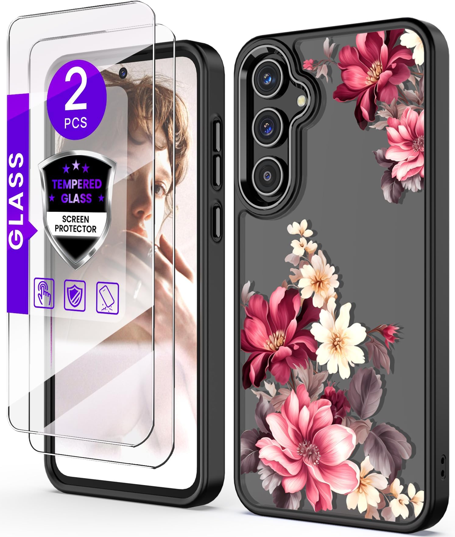 for Samsung Galaxy A55 5G Case+Tempered Glass Screen Protector,Military Grade Protective Slim Soft TPU & Hard PC,Girls Women Crystal Clear Flower Pattern Case Cover for A55 5G-Black