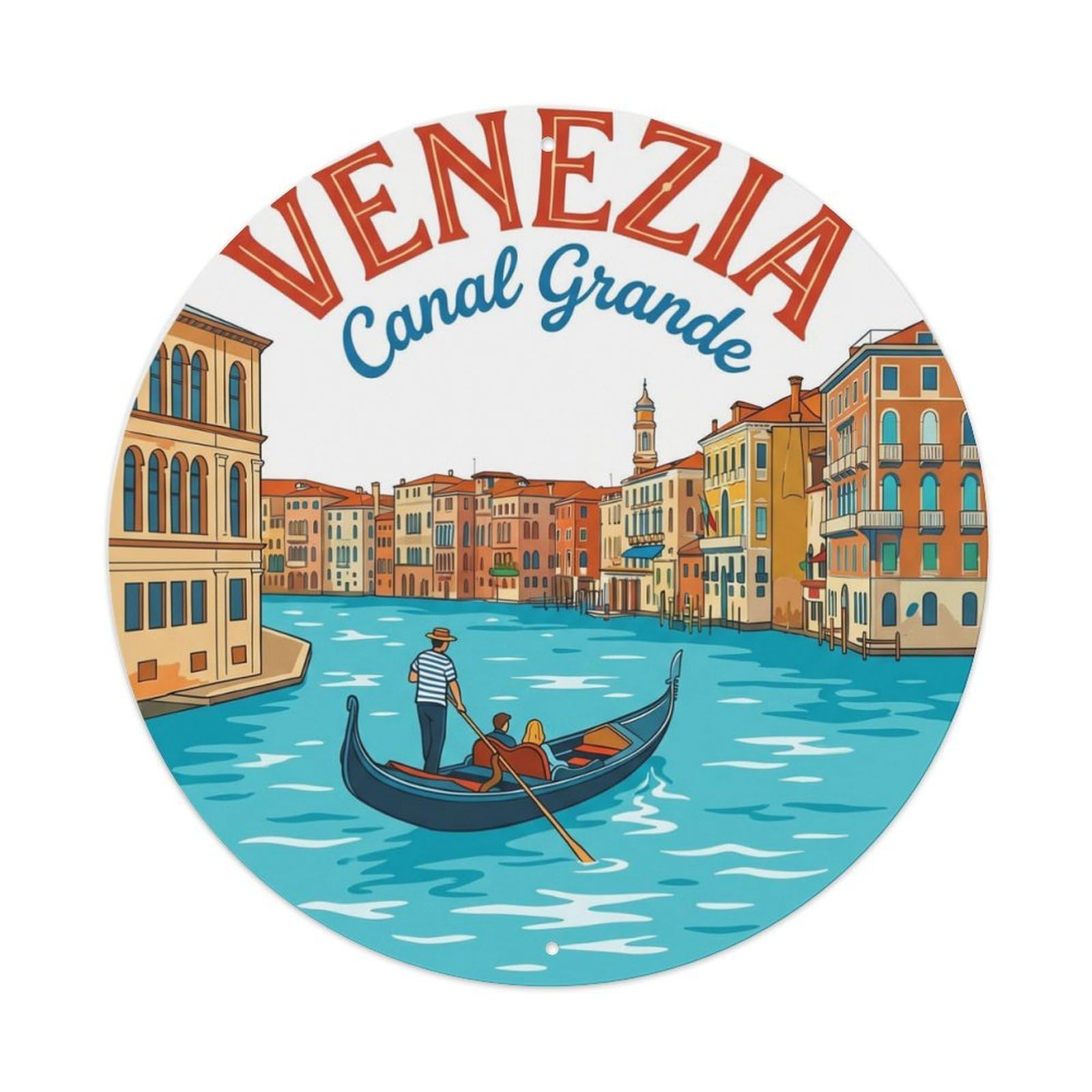Vintage Travel Venice Canal Gondola Metal Tin Sign Plaque Wall Decor for Cafe, Club Bar, Office, Home Garden Round Metal Poster 8x8Inch