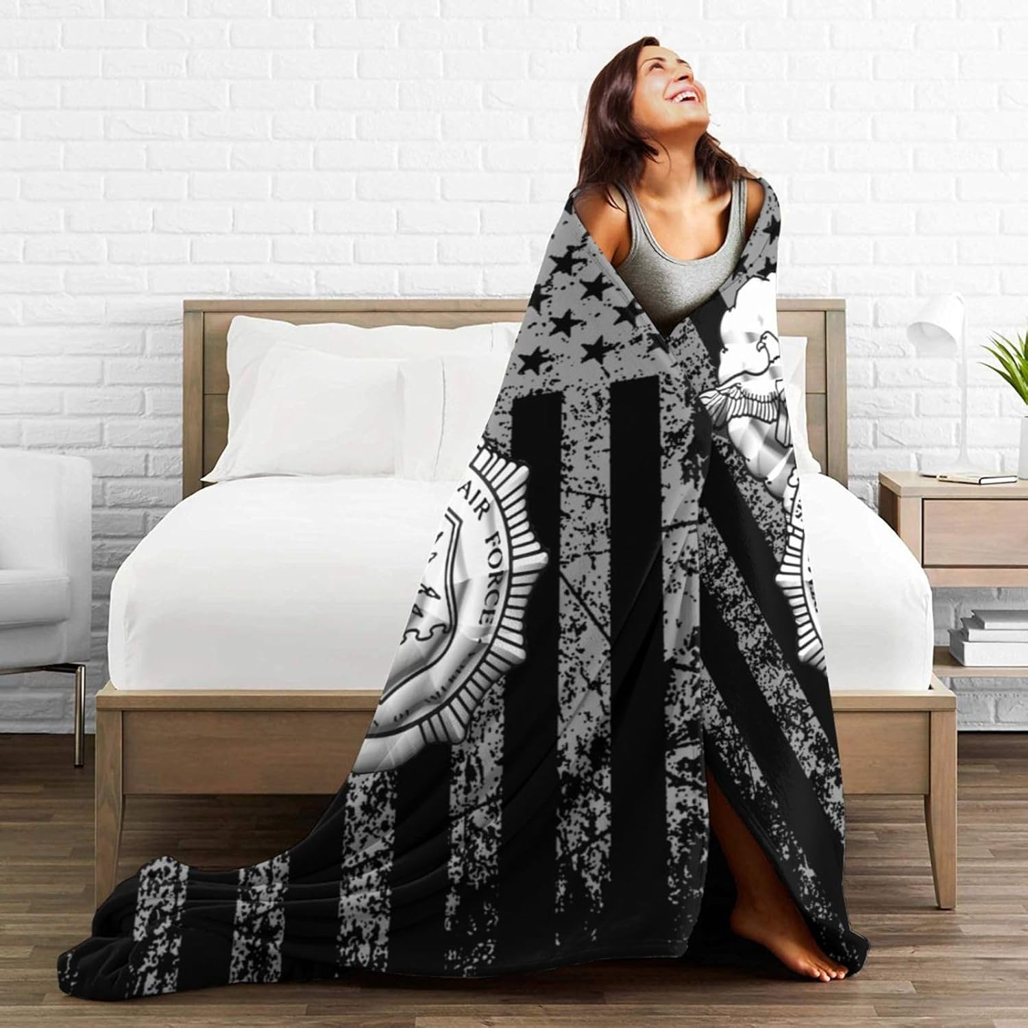 USAF Security Forces Fleece Blanket Vintage Black American Flag - Soft Plush Throw Blanket for Couch, Bed, Sofa - Cozy Home Decor - Perfect for Travel Camping 80x60 Inches