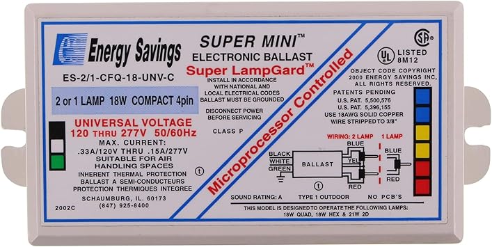 Energy Savings ES-2/1-CFQ-18-UNV-C Compact Fluorescent Ballast, 1-Lamp, 18W 4-Pin CFL, 120/277V
