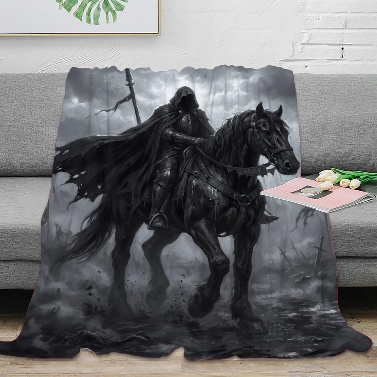 H3B8U2Y5 Shadow Horseman Throw Blanket, Flannel, Bed, Medieval Fantasy Art