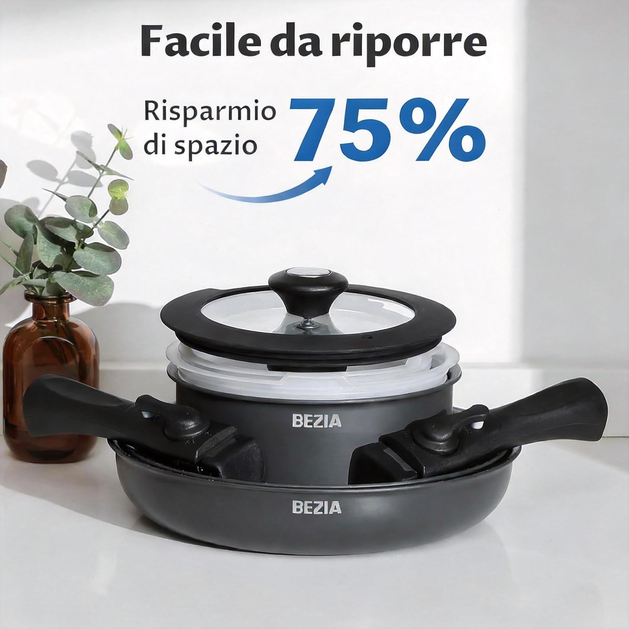 BEZIA Set di Pentole 10 Pezzi, Set Pentole e Padelle con Manico Removibile, Pentole Antiaderente, Impilabile per Camper, Prive Di Sostanze Tossiche, Senza PFOA, Compatibile con Induzione e Gas/Forno