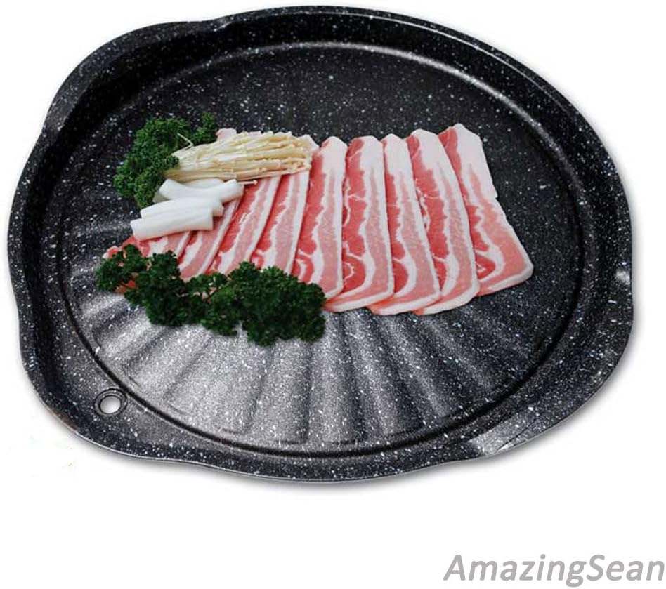 Korean BBQ Grill Plate Non Stick Pan Korean Barbeque Grill Tabletop Stovetop Square Grill Samgyupsal Bulgogi Stew Meat Non-Stick Pan Oil Draining System (Round)