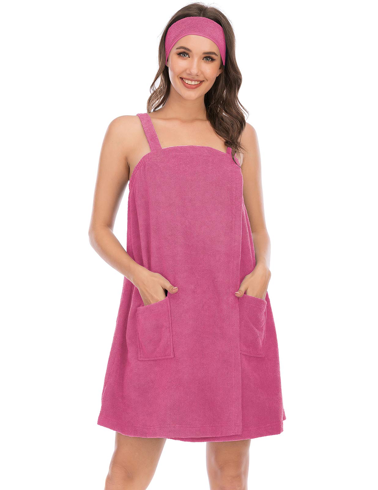 Veseacky Women Bath Wrap Towel for Womens Shower with Pocket Adjustable Spa Robe & Facial Headband