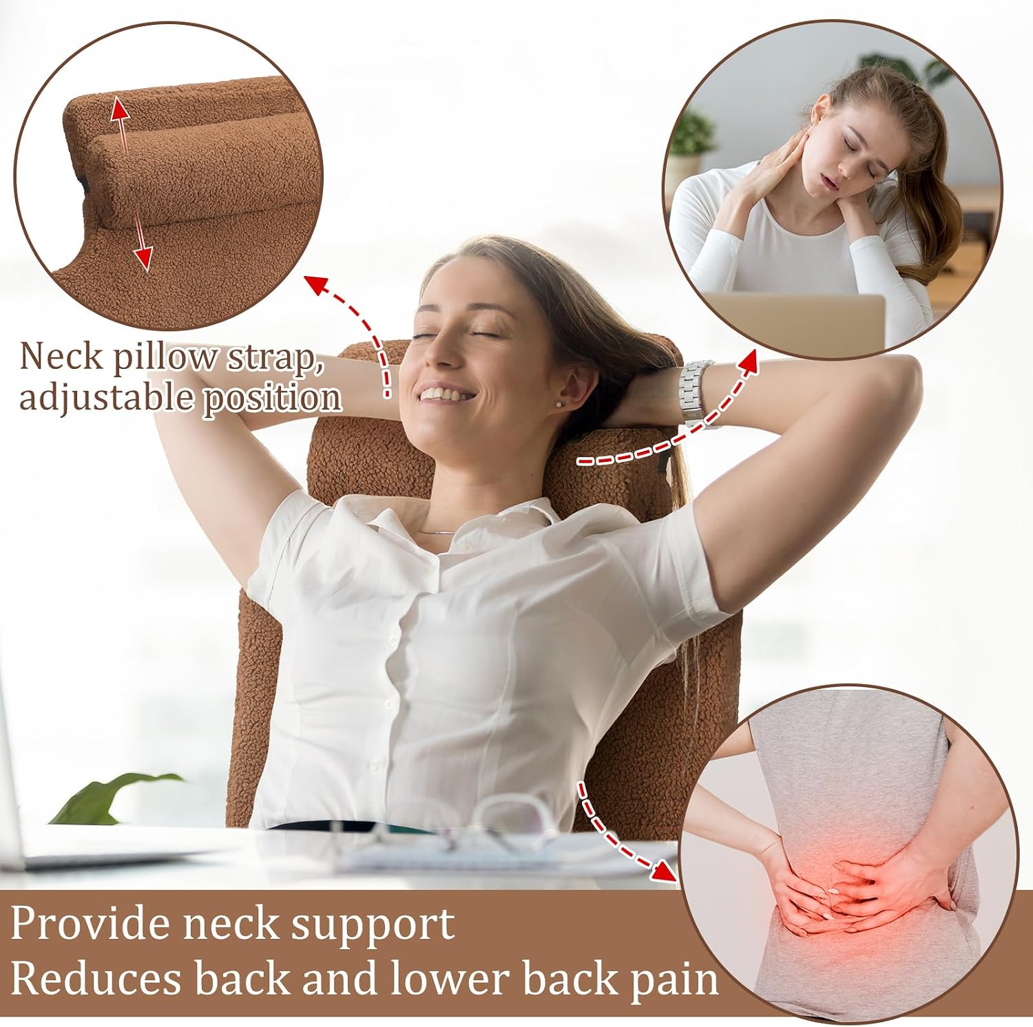 Colingmill Sherpa Fleece Lumbar Support Pillow with Headrest Recliner Memory Foam Lumbar Pillow Back Cushion for Chair Plush Cushion Thick Pad for Back Pain Car Sofa Chair Headrest Office Home