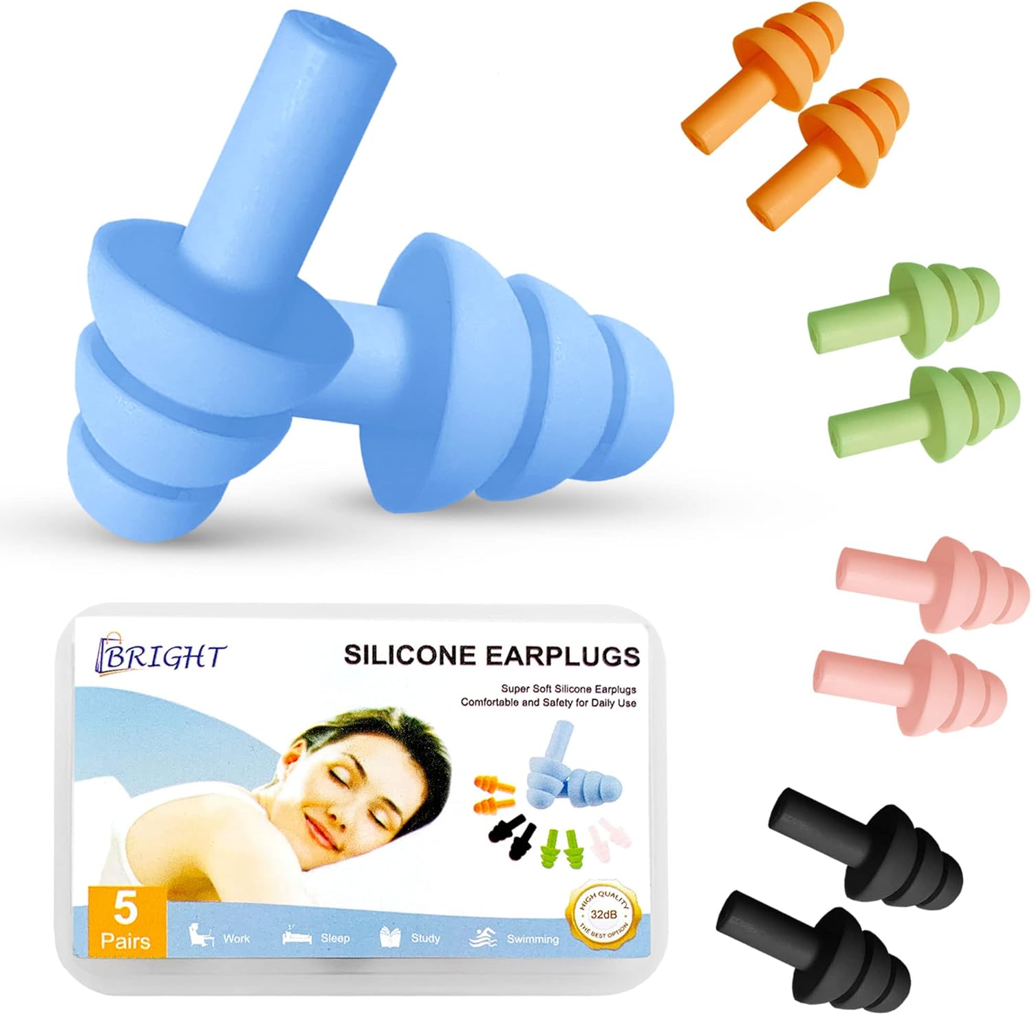 5 Pairs Multi Colour Soft Silicone Ear Plugs for Sleeping Noise Cancelling Waterproof Reusable