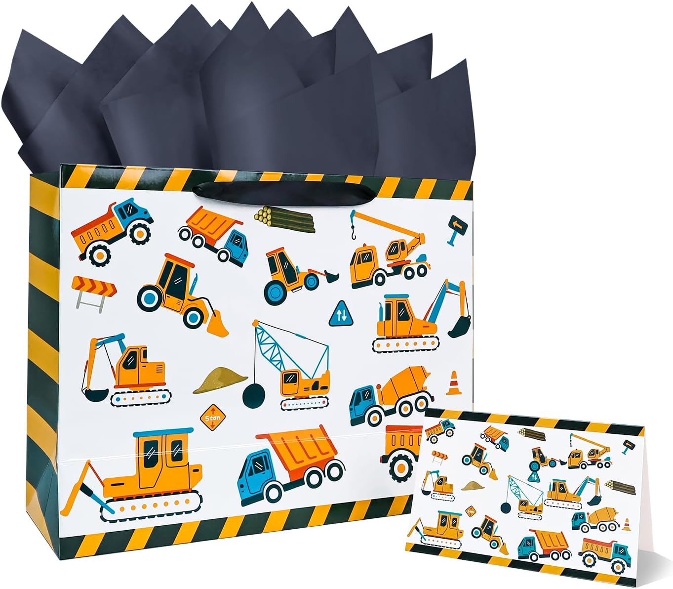 MUNILAIL 13 Inches Large Gift Bag for Boys Construction Vehicle Gift Bag with Handle Tissue Paper and Greeting Card for Birthday Vehicle Themed Party Large Paper Gift Bag