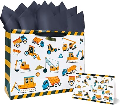 MUNILAIL 13 Inches Large Gift Bag for Boys Construction Vehicle Gift Bag with Handle Tissue Paper and Greeting Card for Birthday Vehicle Themed Party Large Paper Gift Bag