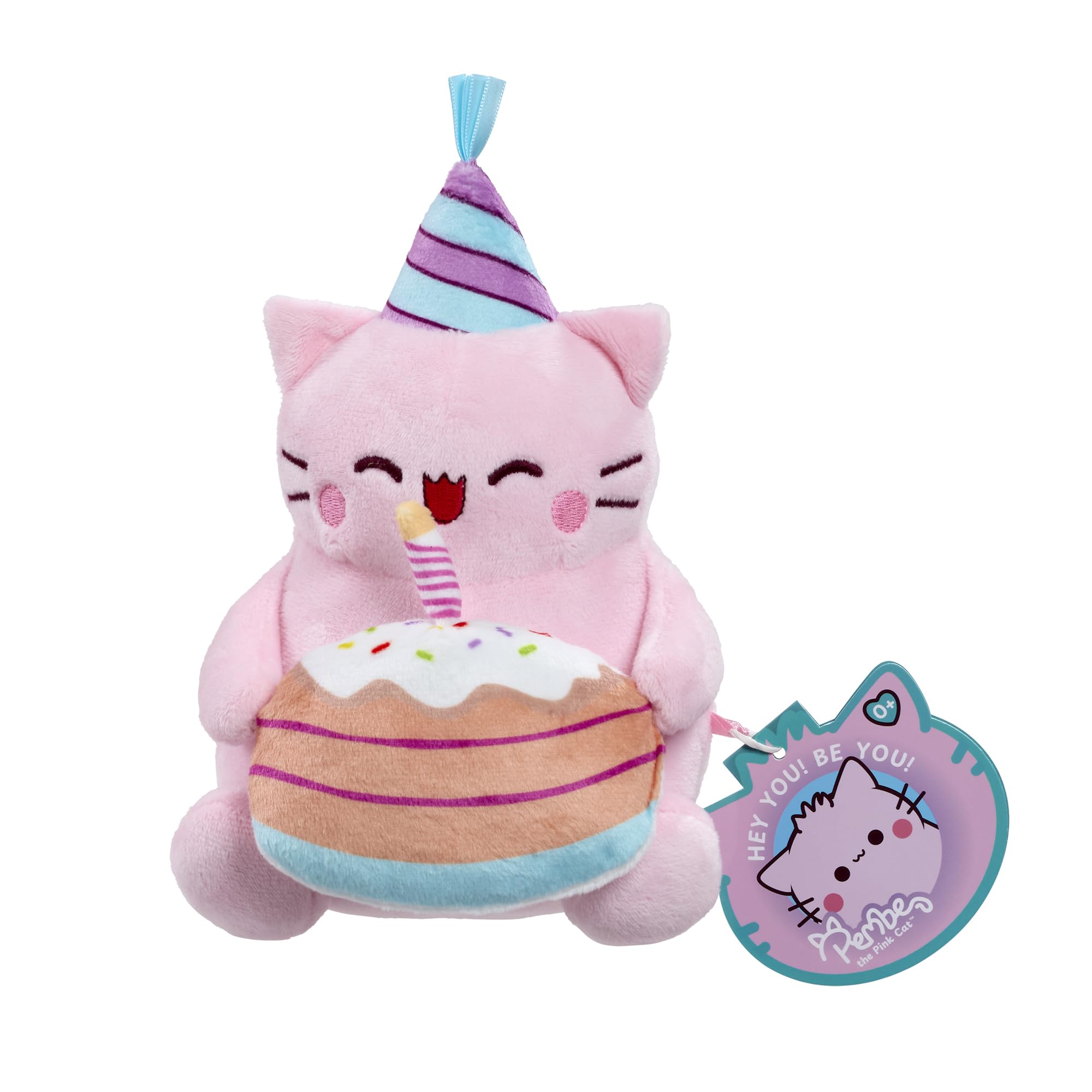 Rainbow Designs Pembe Happy Birthday Pink Cat Soft Toy, 15cm Kawaii Plush holding Star, Cute Collectable Gift for Kids & Adults, Soft Fabric Stuffed Animal, Positive & Uplifting Small Plushie