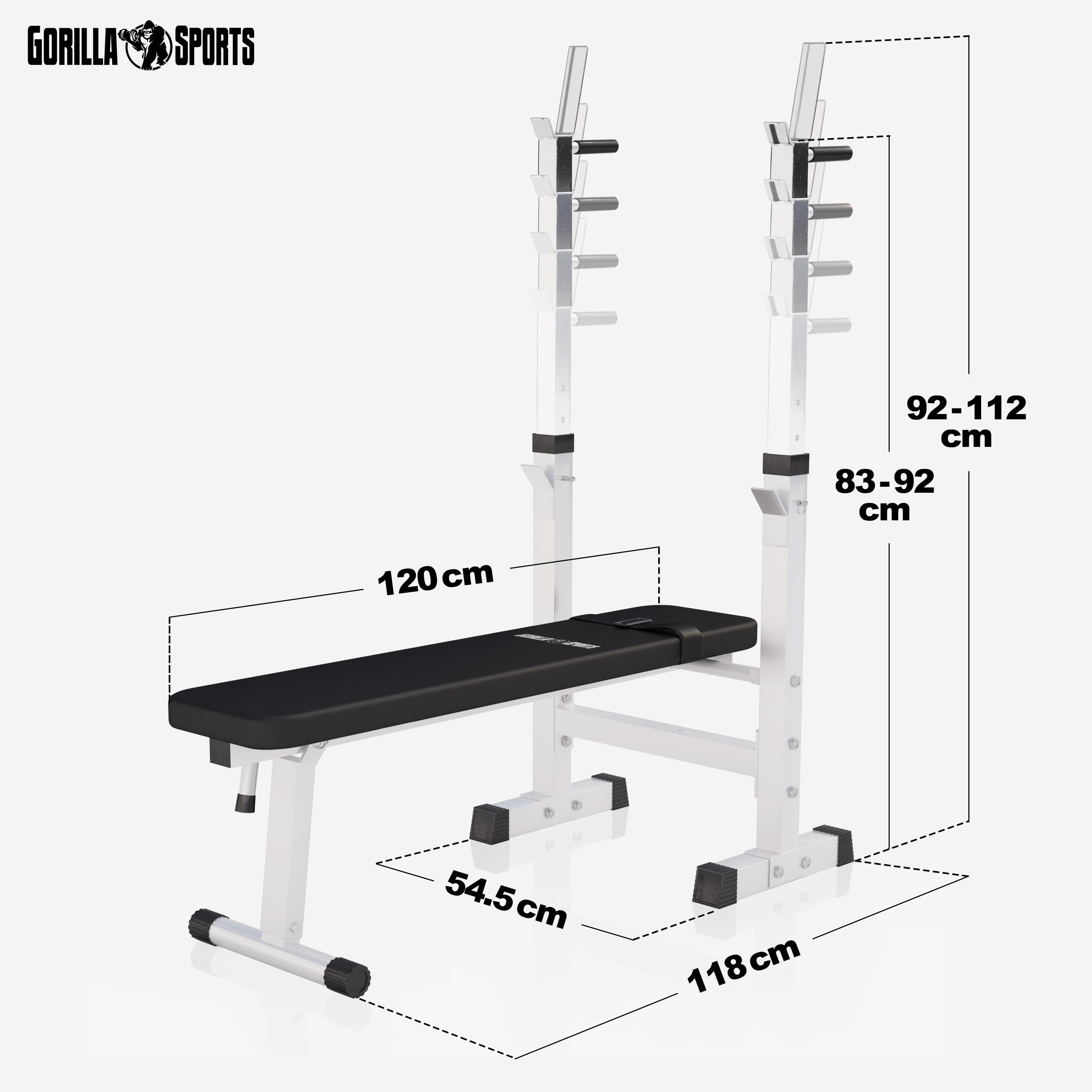 GORILLA SPORTS® Panca Pesi - con Porta Bilanciere, Regolabile e Pieghevole, Carico Max. 200kg, in Altezza, Nera/Bianca - Panca Piatta, Palestra, per Sollevamento, Multifunzione, Allenamento, Fitness