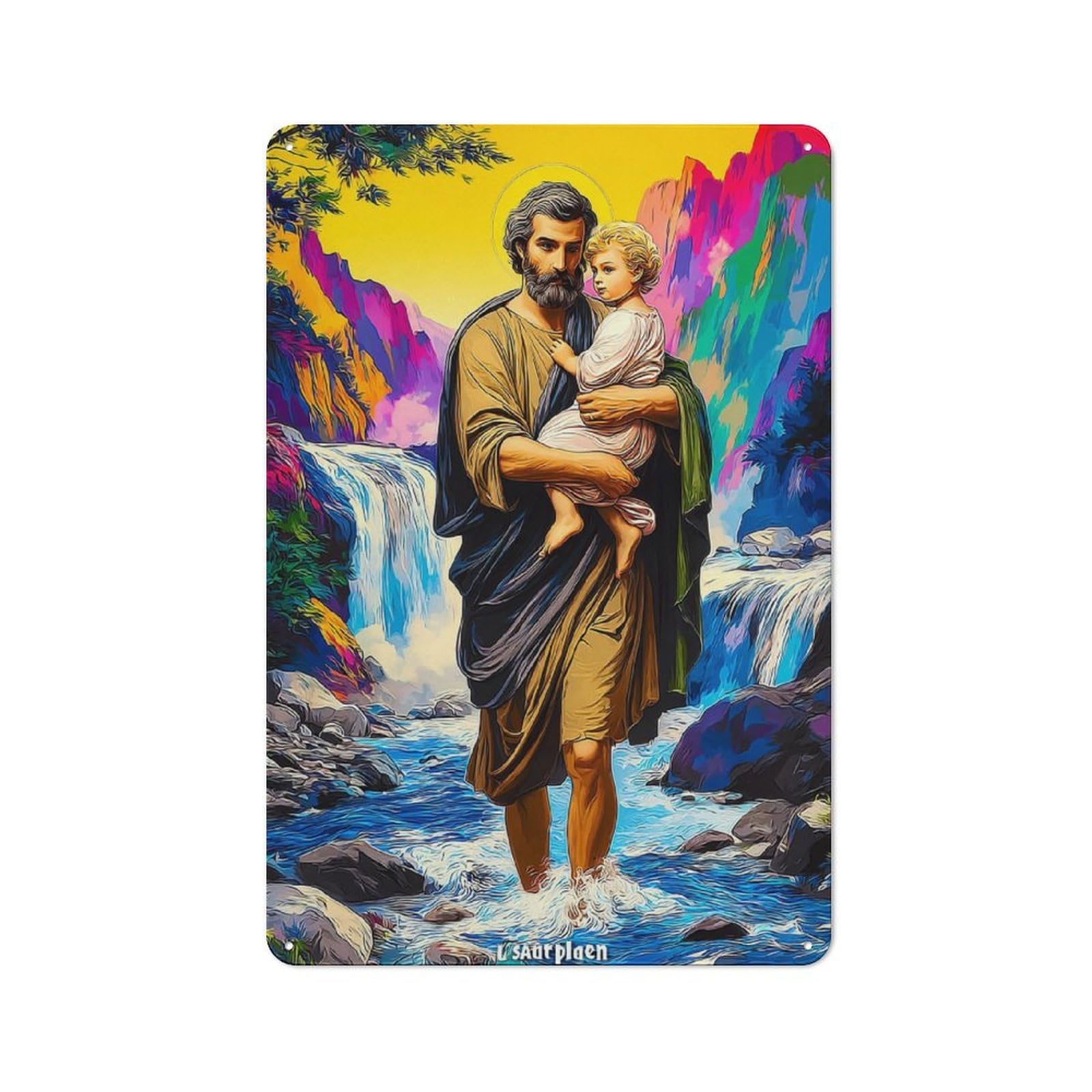 Junmoney Saint Joseph With Child In Vibrant Landscape Metal Wall Plaque With Design 30X20cm, Retro Small Space Decor For Flat, Dorm Room, Lounge Or Cafe
