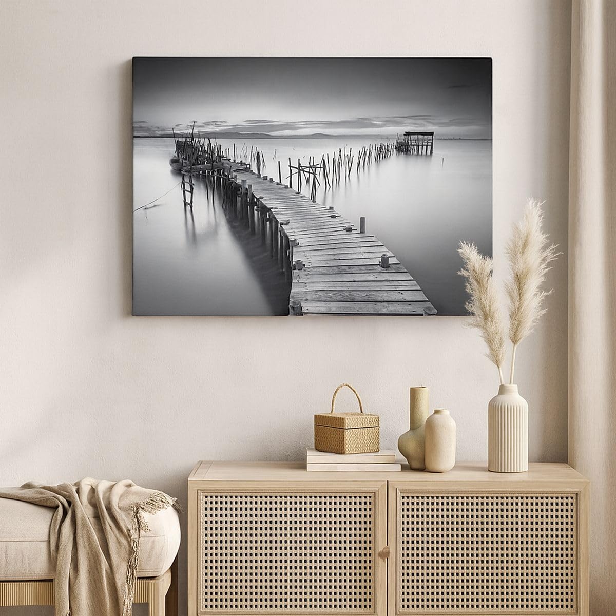 Wandbilder Dekoration Wohnzimmer Meer Brücke Landschaft Natur Bilder auf Leinwand 120x80cm Leinwandbild Schlafzimmer Deko Wand Kunstdruck Art Groß XXL Wanddeko Bild Wall Decor Canvas AA120x80-3082