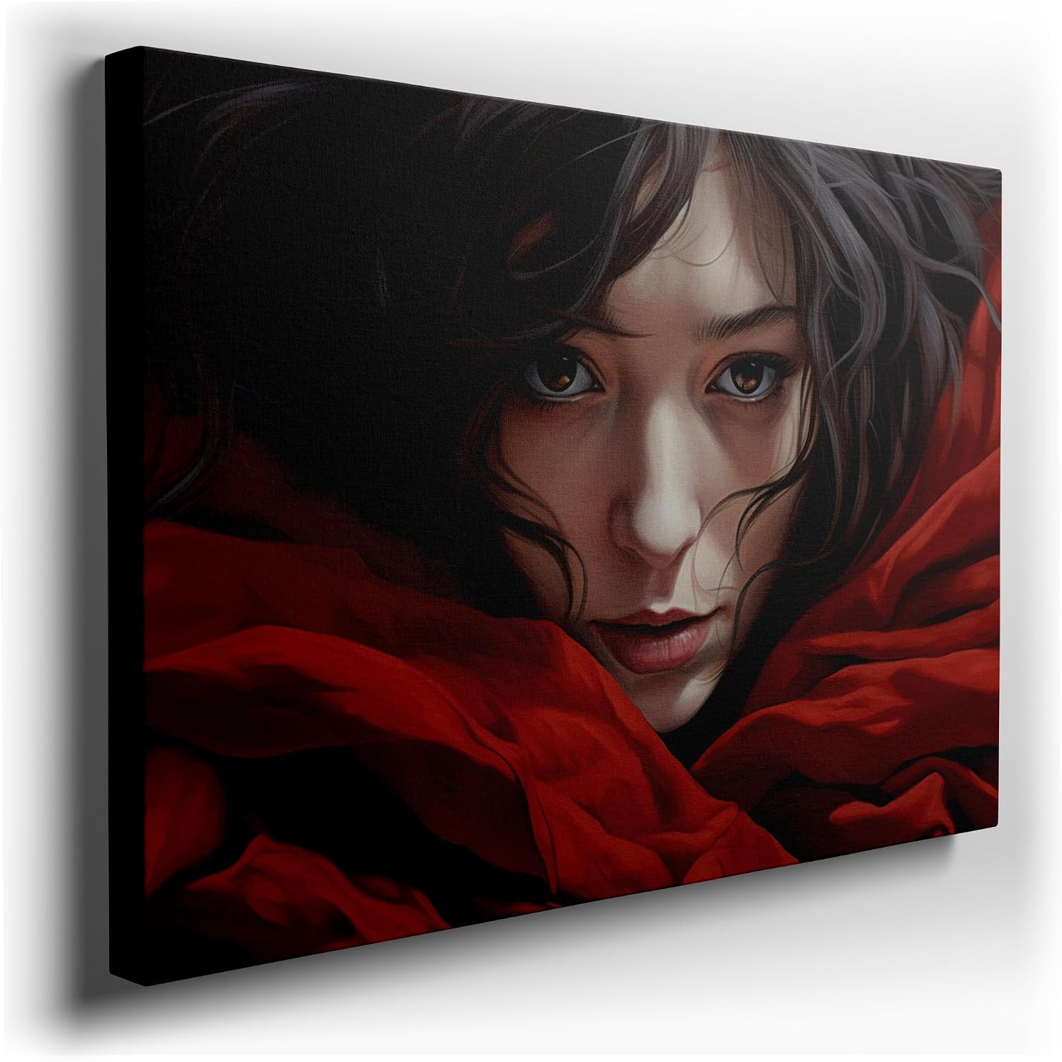 Canvas for Living room. Mystery in Her Gaze: Unveiling the Enigma in Red, 27 x 18 inch Canvas Wall Art - Contemporary Masterpieces - Modern Home Decor - 69x46 cm (27x18 inch)