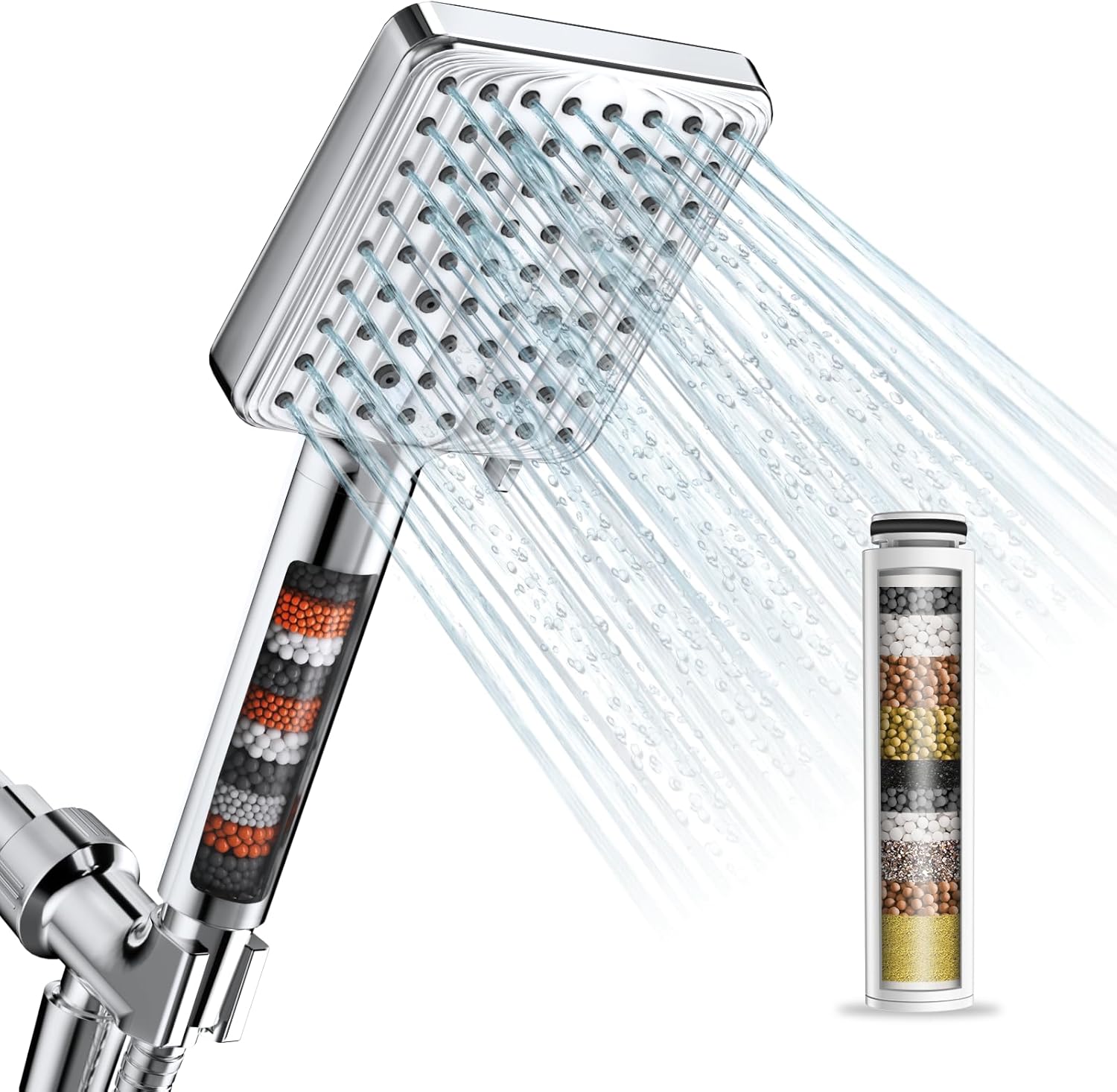 MakeFit 6 Modes Filtered Handheld Shower Head Bundle with 1-PACK Replacement Shower Head Beads