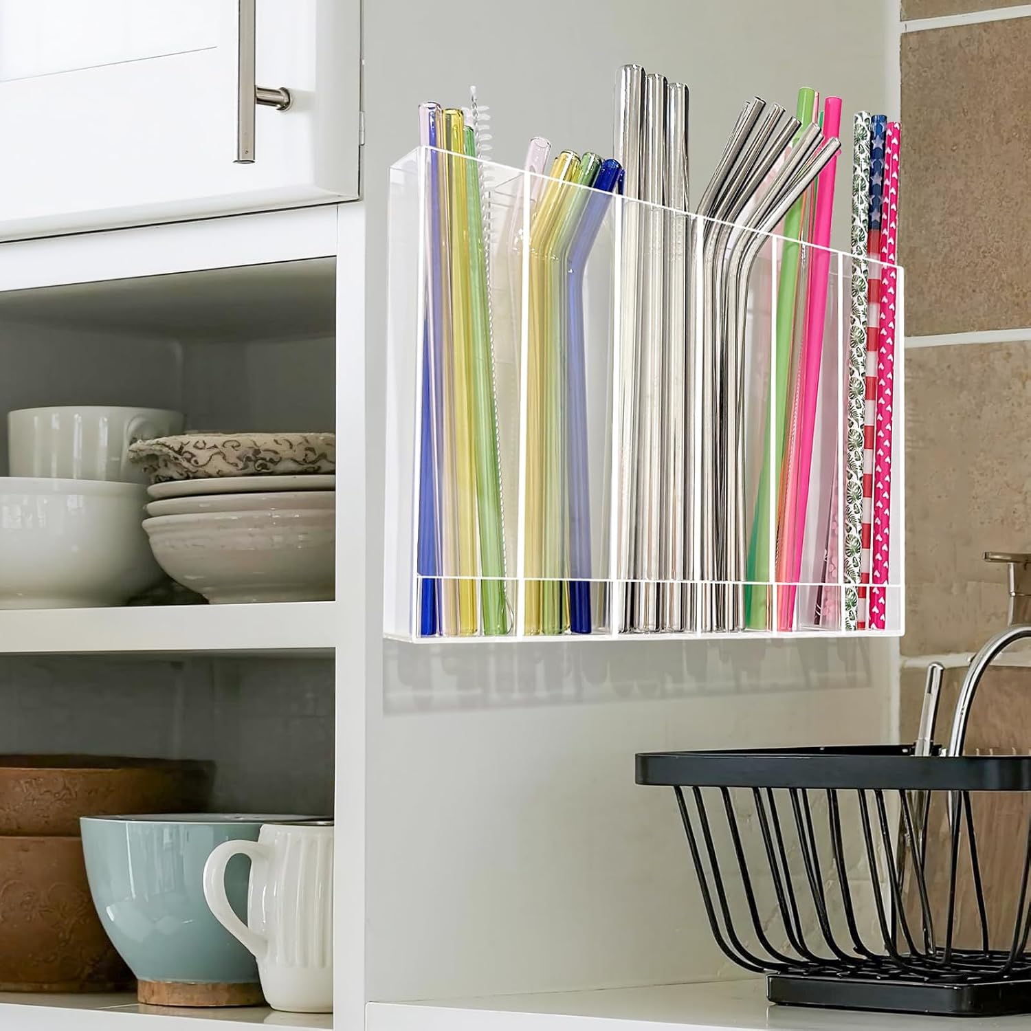 9.6” Large Acrylic Straw Holder for Cabinet Door - 6 compartments, easy to clean, Reusable Tumbler Straw Organizer Storage, Small Kitchen Accessories Container, Ultra Sticky Cupboard Door Mounted - Image 2