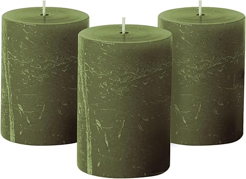 Simply Soson Juego de 3 velas de pilar verde musgo oscuro de 3 x 4 pulgadas, textura rústica, velas verdes sin perfume, velas antigoteo, velas de