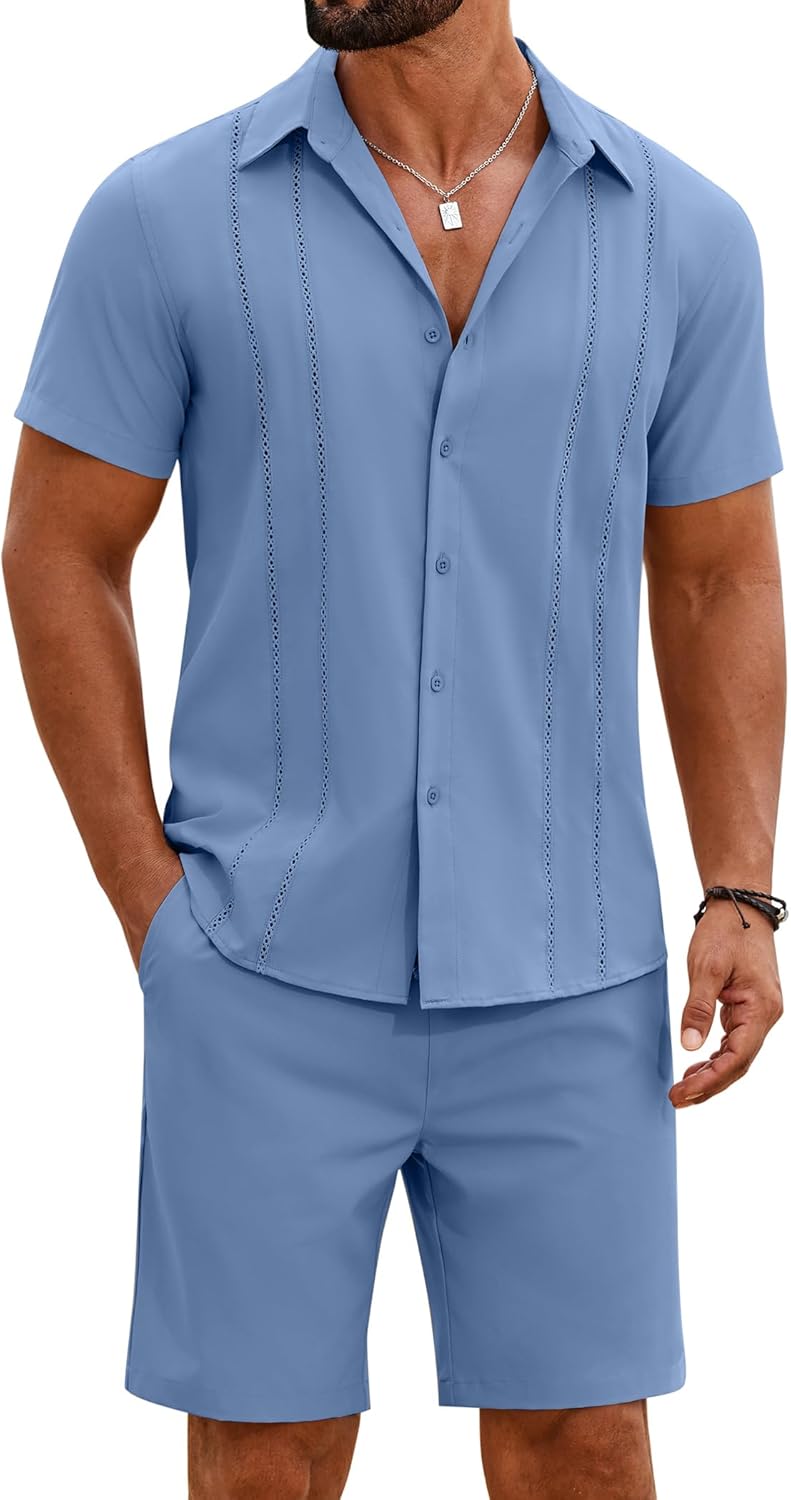 COOFANDY Men's 2 Piece Outfits Cuban Guayabera Short Sleeve Shirts and Shorts Summer Beach Vacation Sets for Men