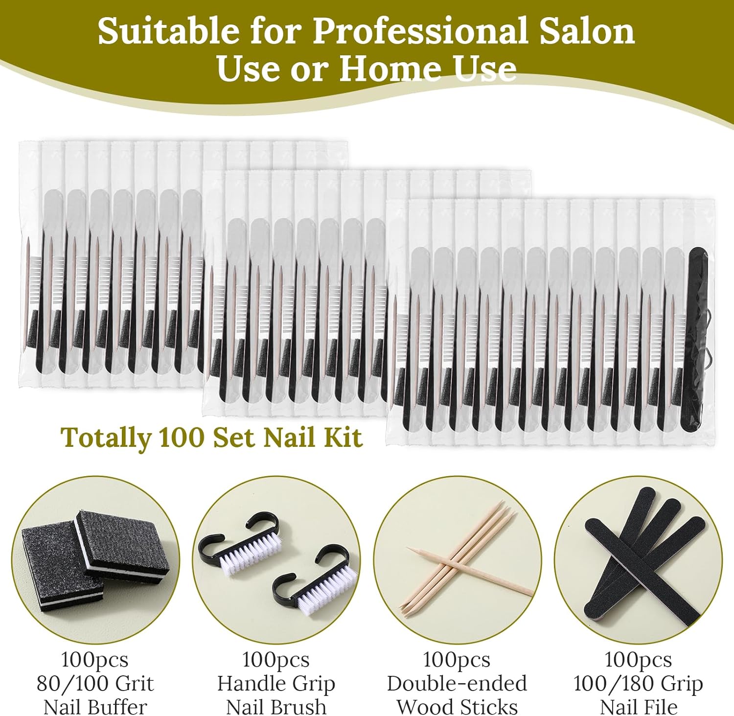 100 Sets Black Disposable Manicure Kit 4-in-1 Nail Kit for Business, Handle Grip Brush, Mini Nail Buffer Nails File and Wood Stick for Gifts Salon Professional
