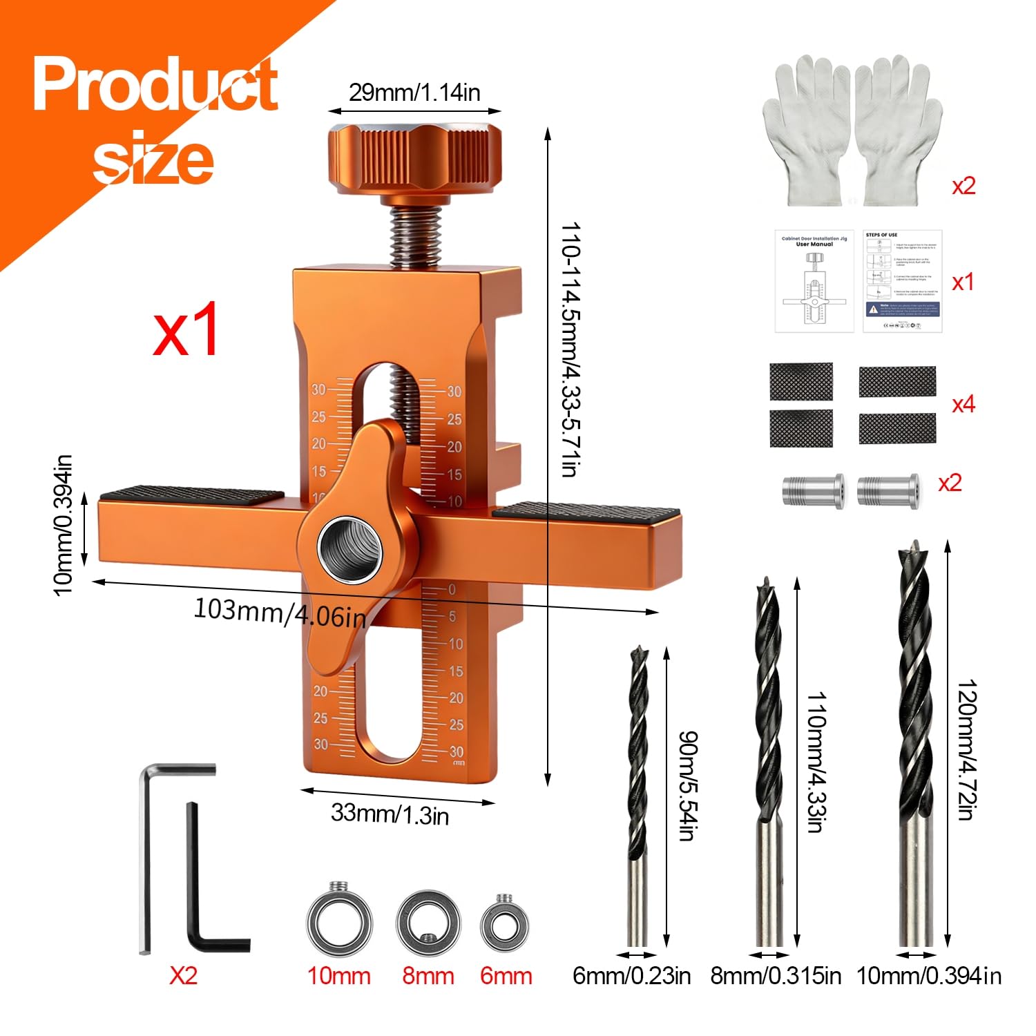 2-en-1 Positionneur d'Installation de Porte d'Armoireréglable en Hauteur, Gabarit de Percage, Forets 6/8/10 mm, pour Porte d'Armoire, Compatible panneaux 7–40 mm, Manuel d'instructions illustré