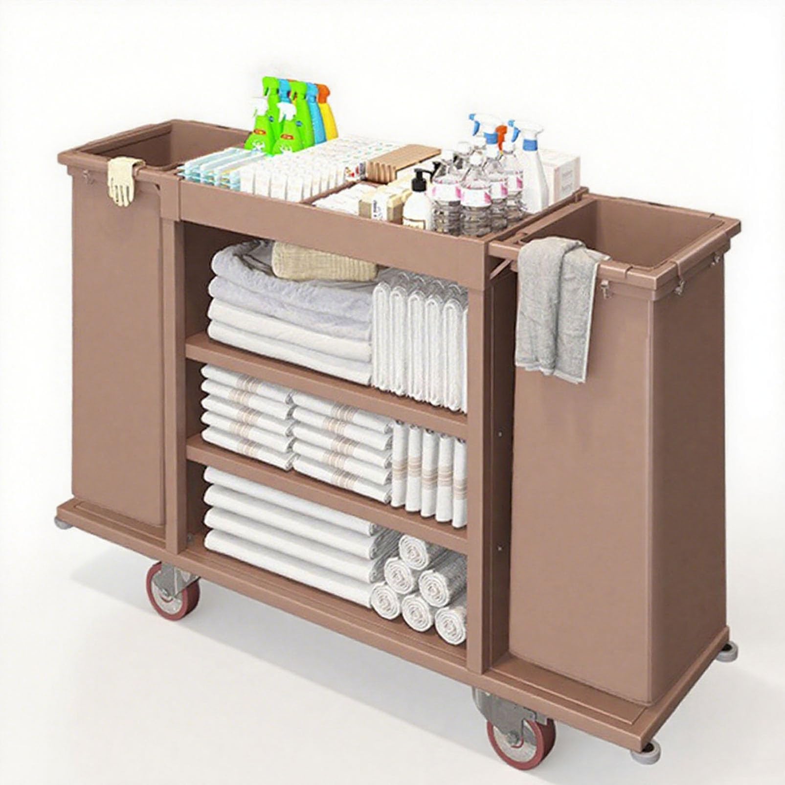 LJYKBFL Commercial Housekeeping Cart, Heavy Duty Rolling Janitorial Trolley with Silent Wheels, Cleaning Supplies Organization Mop Rack, Large Capacity Cleaning Supply Cart