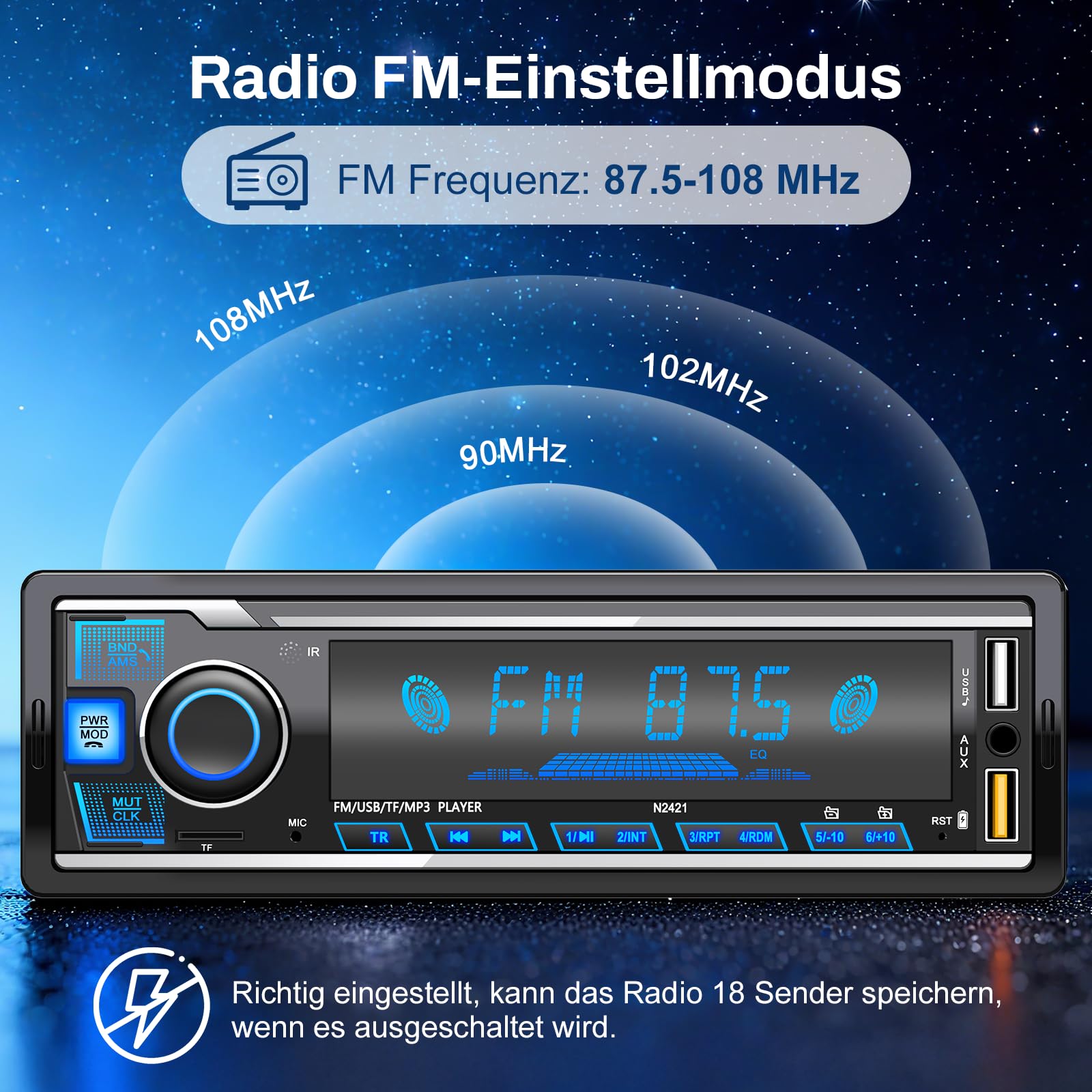 Autoradio Bluetooth,Auto Radio Bluetooth Radio mit 7 Farben Licht Einstellbar 1 Din Autoradio Bluetooth FM mit 2USB/AUX/TF MP3 Player Unterstützt iOS und Android