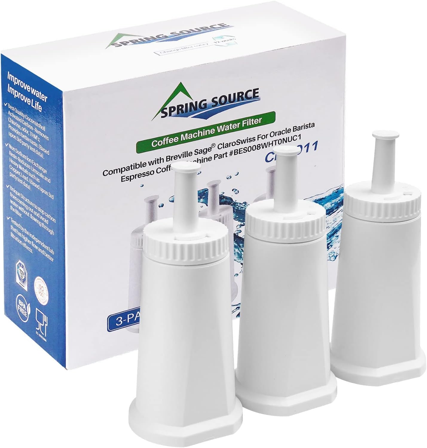 3 Pack Water Filter for Sage, TÜV SÜD Certified Coffee Machine Cartridge Replacement Filters for Sage Barista Express Pro Touch, Compatible with SES810, SES875, SES880, SES920, SES980, SES990